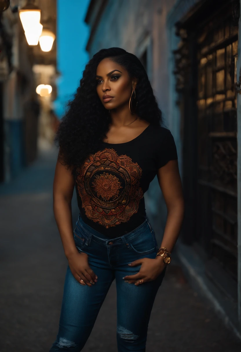 Mulher negra, 165 cm, cabelos longos pretos, Black rock t-shirt and jeans