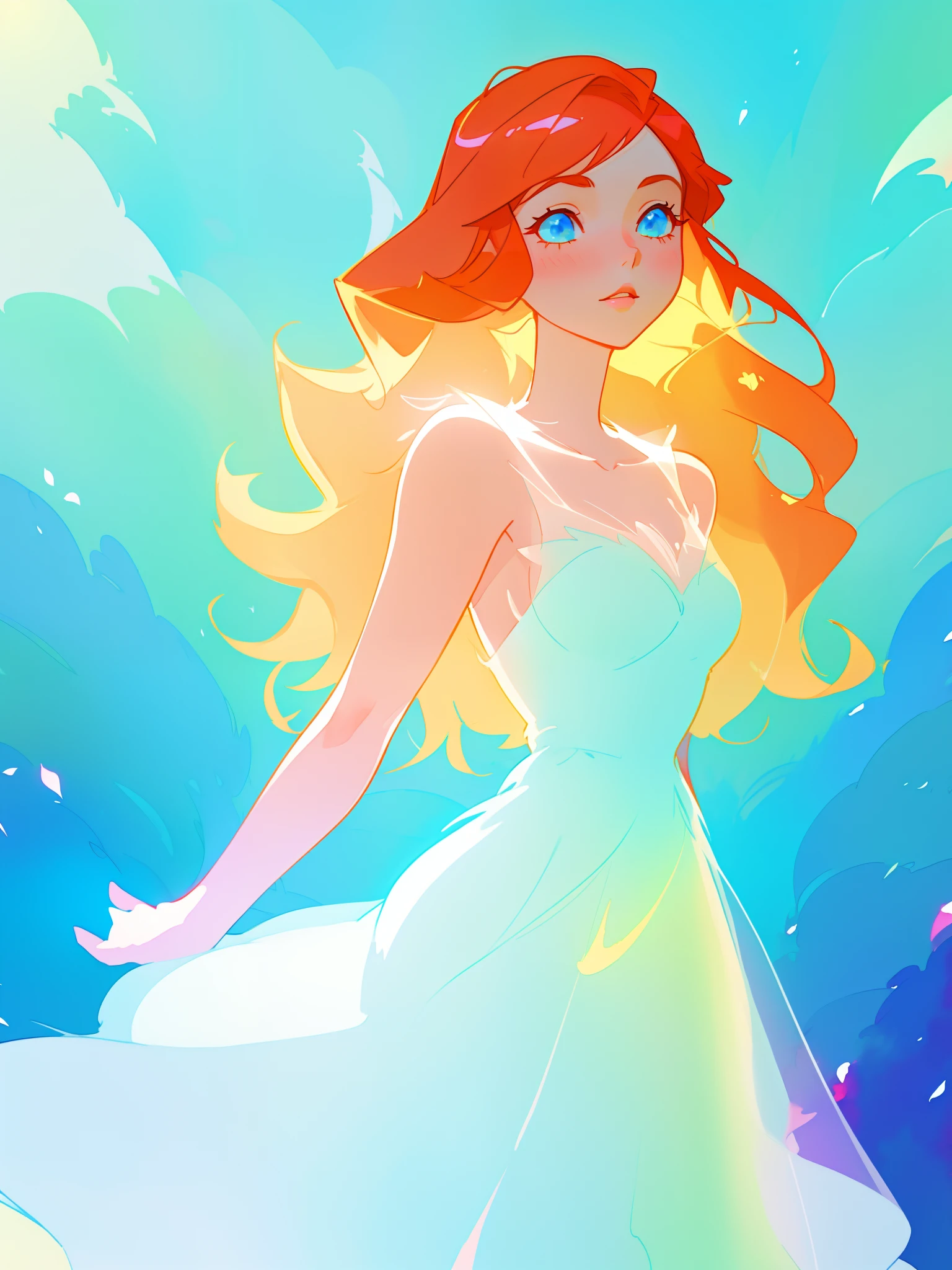 beautiful girl in white dress, fairy dress, long wavy golden red hair, watercolor illustration, inspired by Glen Keane, inspired by Lois van Baarle, disney art style, by Lois van Baarle, glowing aura around her, by Glen Keane, jen bartel, glowing lights! digital painting, flowing glowing hair, glowing flowing hair, beautiful digital illustration, fantasia otherworldly landscape plants flowers, beautiful, masterpiece, best quality, anime disney style