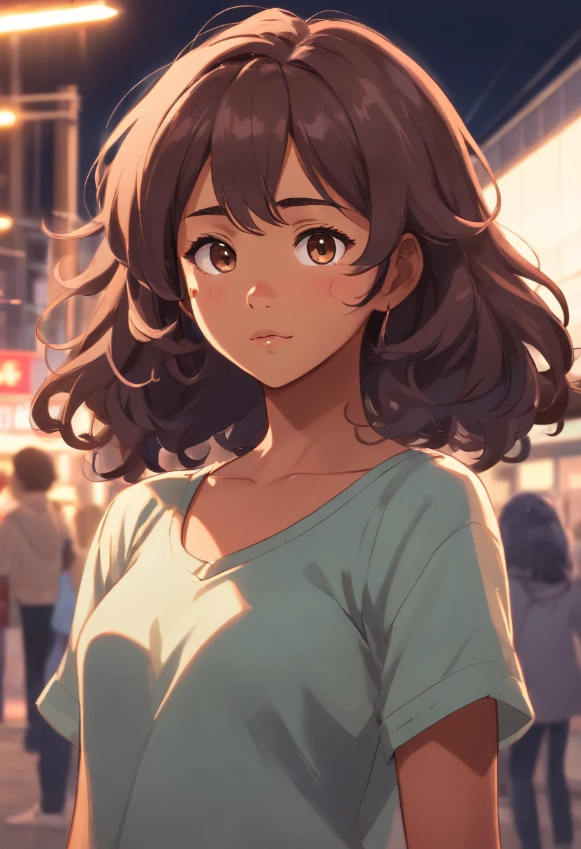 Medium brown skin black girl, 4a curly dark ash brown hair, big hair, shoulder length, freckles under her eyes and on her nose , nose piercing, medium sized pouty lips, big dark brown eyes, round face , nerdy/awkward, 24 years old