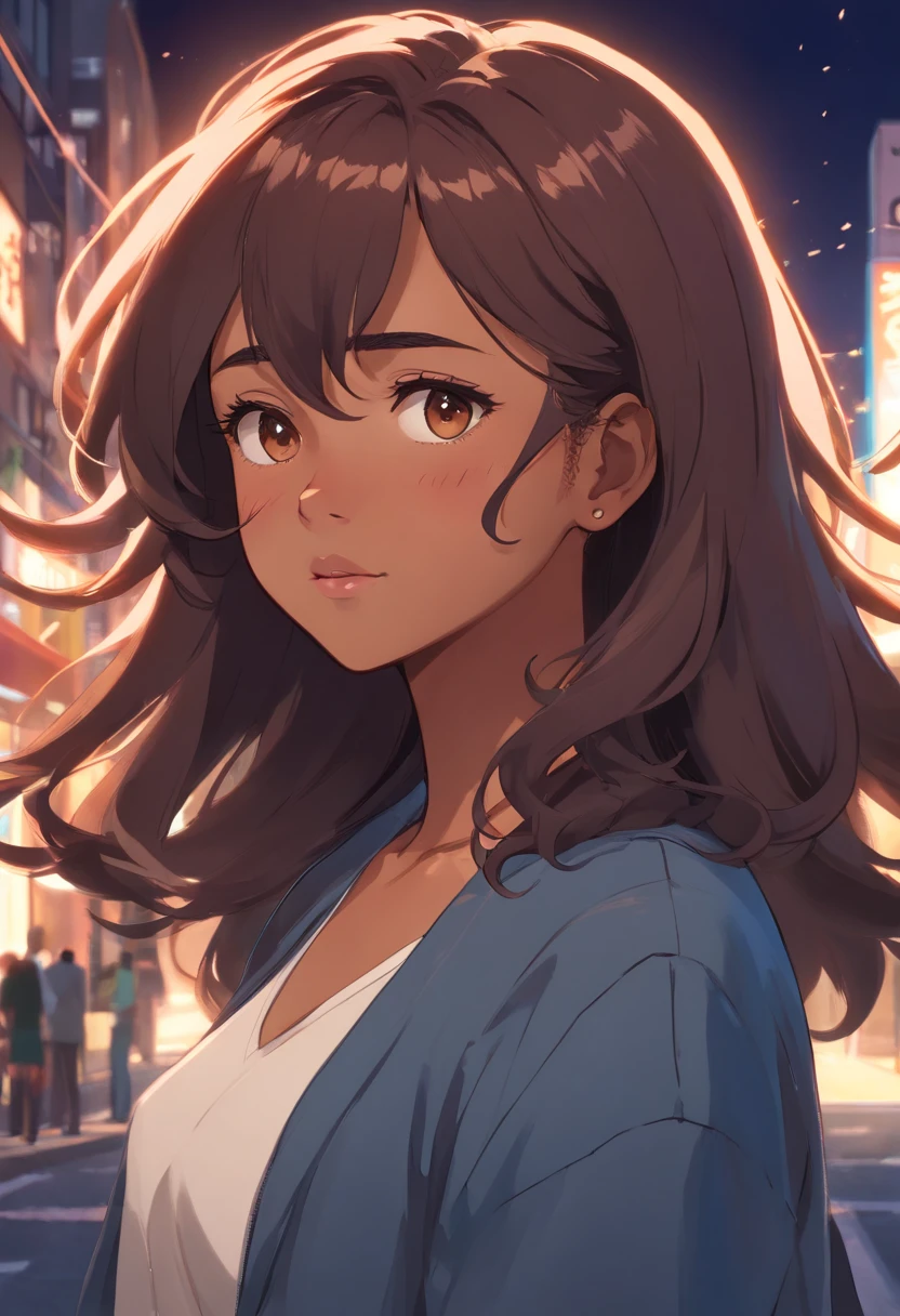 Medium brown skin black girl, 4a curly dark ash brown hair, big hair, shoulder length, freckles under her eyes and on her nose , nose piercing, medium sized pouty lips, big dark brown eyes, round face , nerdy/awkward, 24 years old