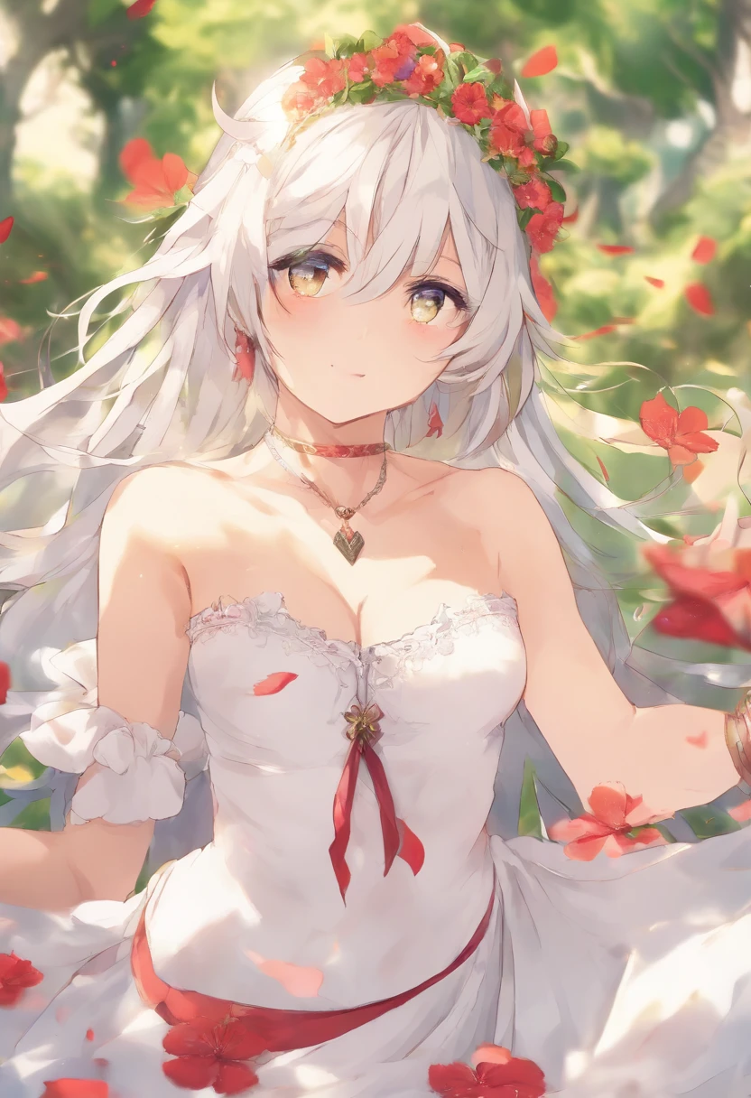 ((top-quality, 8K)), (フォトリアリスティック), (Face focus: 1.1), (blanche: 1.3), 18yr old、Sexy girl nipple, Short hair, 
Hair fluttering in the wind, Facing to the side, Look up at your face, Eyes closed, (Sleeveless: 1.1)、Skirt, d-cup breasts,Countless petals are falling