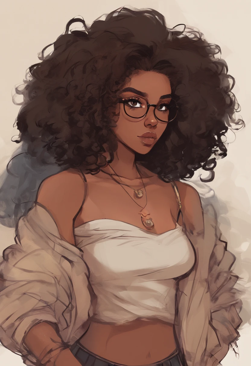 Medium brown skin black girl, 4a curly dark ash brown hair, big hair, shoulder length, freckles under her eyes and on her nose , nose piercing, medium sized pouty lips, big dark brown eyes, round face , nerdy/awkward, 24 years old