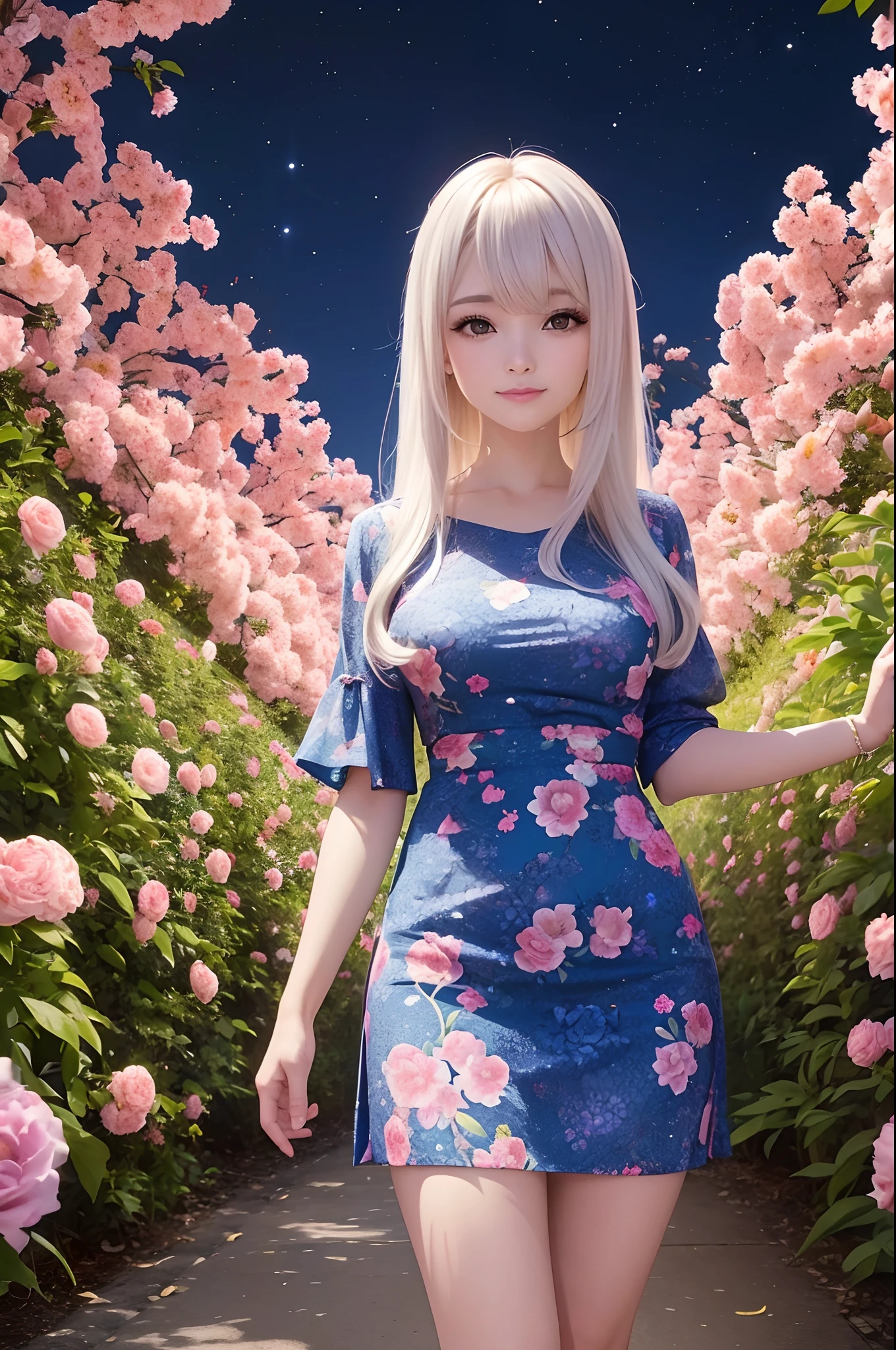 mulher japonesa, cabelos longos pretos, Standing in flower garden, noite, lua cheia, milky ways, vestido longo azul, flores vermelhas, sorriso triste.