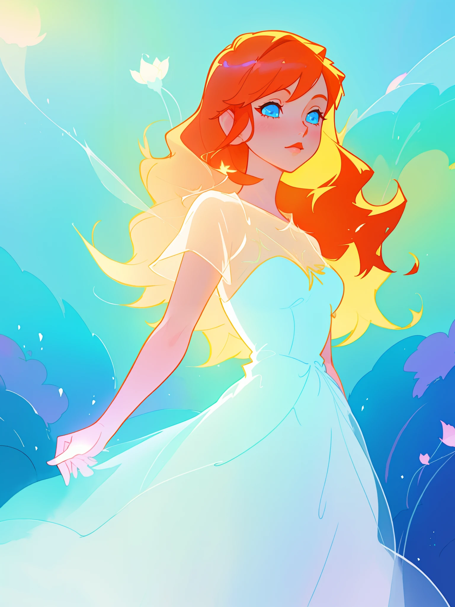 beautiful girl in white dress, fairy dress, long wavy golden red hair, watercolor illustration, inspired by Glen Keane, inspired by Lois van Baarle, disney art style, by Lois van Baarle, glowing aura around her, by Glen Keane, jen bartel, glowing lights! digital painting, flowing glowing hair, glowing flowing hair, beautiful digital illustration, fantasia otherworldly landscape plants flowers, beautiful, masterpiece, best quality, anime disney style