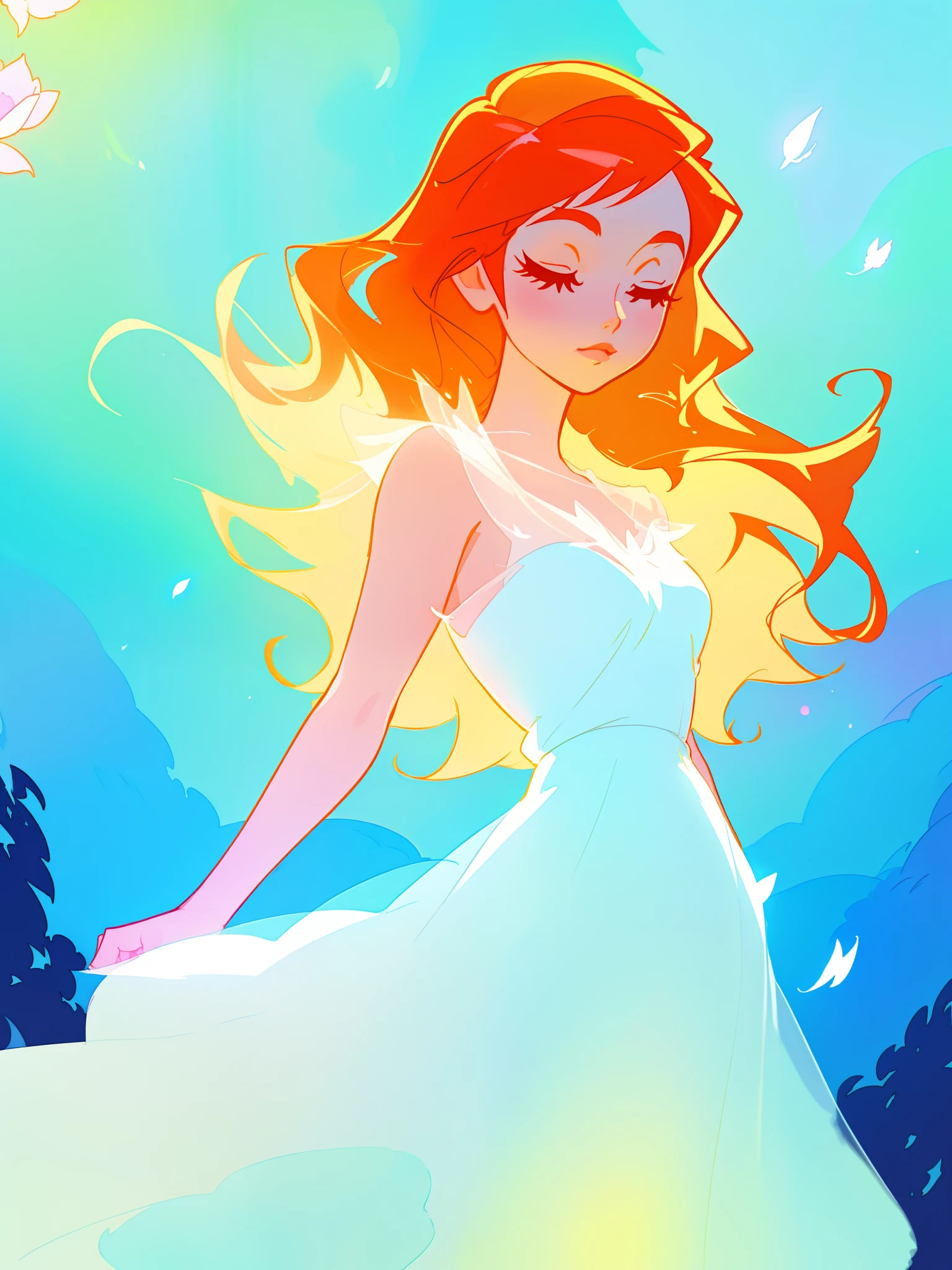 beautiful girl in white dress, fairy dress, long wavy golden red hair, watercolor illustration, inspired by Glen Keane, inspired by Lois van Baarle, disney art style, by Lois van Baarle, glowing aura around her, by Glen Keane, jen bartel, glowing lights! digital painting, flowing glowing hair, glowing flowing hair, beautiful digital illustration, fantasia otherworldly landscape plants flowers, beautiful, masterpiece, best quality, anime disney style