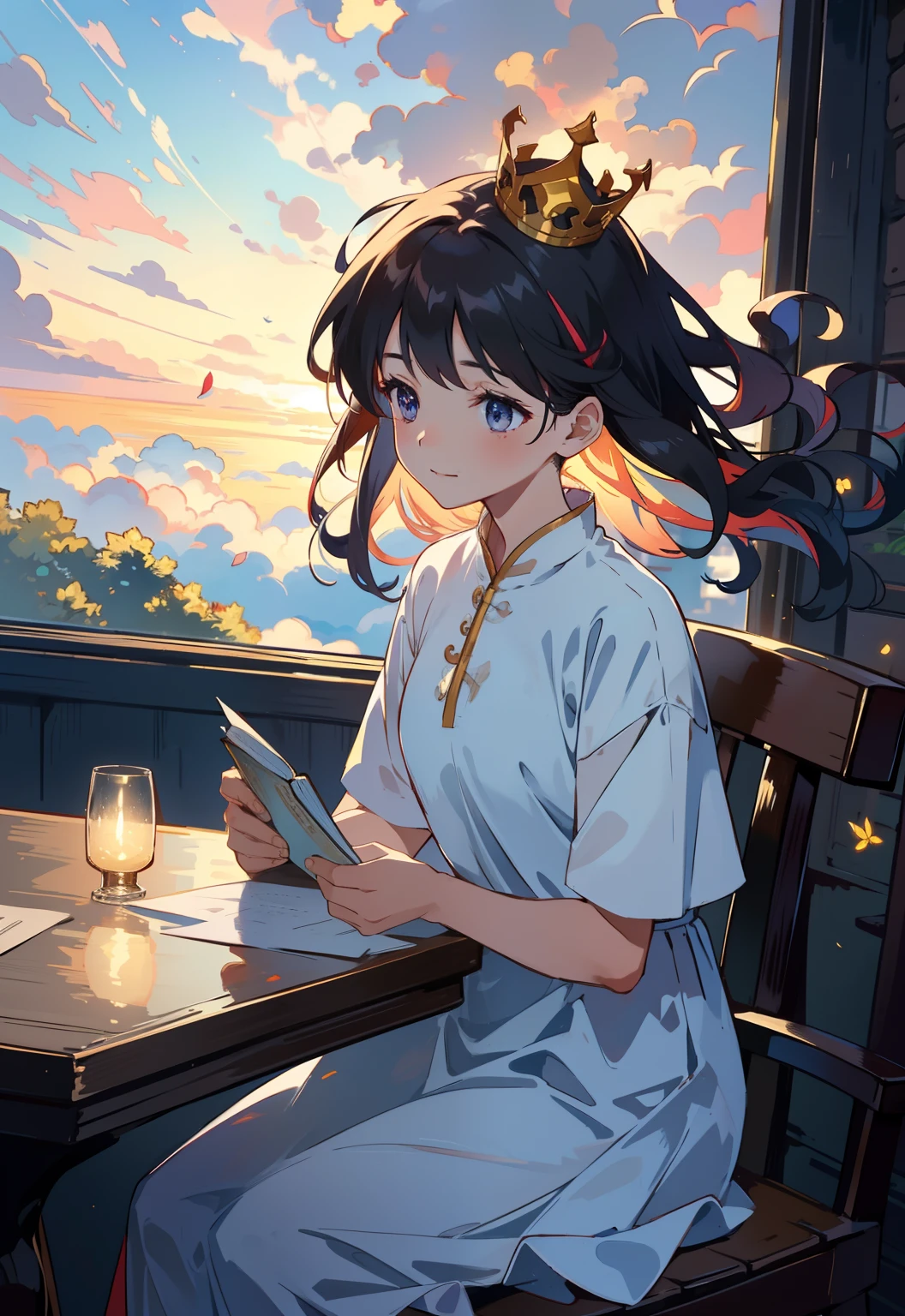 4. Maroon bookish time：, A beautiful woman sitting at a poor dining table，She wore a dress，Read books with enthusiasm，Surrounded by the scent of books and warm lighting。Wonderland slowly clears the fog，Enchanting scenery Xu々Spread up。She wears a gorgeous crown，Dressed in a gorgeous dress。She coexists with charming magical animals，Her long, Silky hair fluttering in the breeze。Flowers with multicolored petals々々，It adds a mystical charm to her arrival。