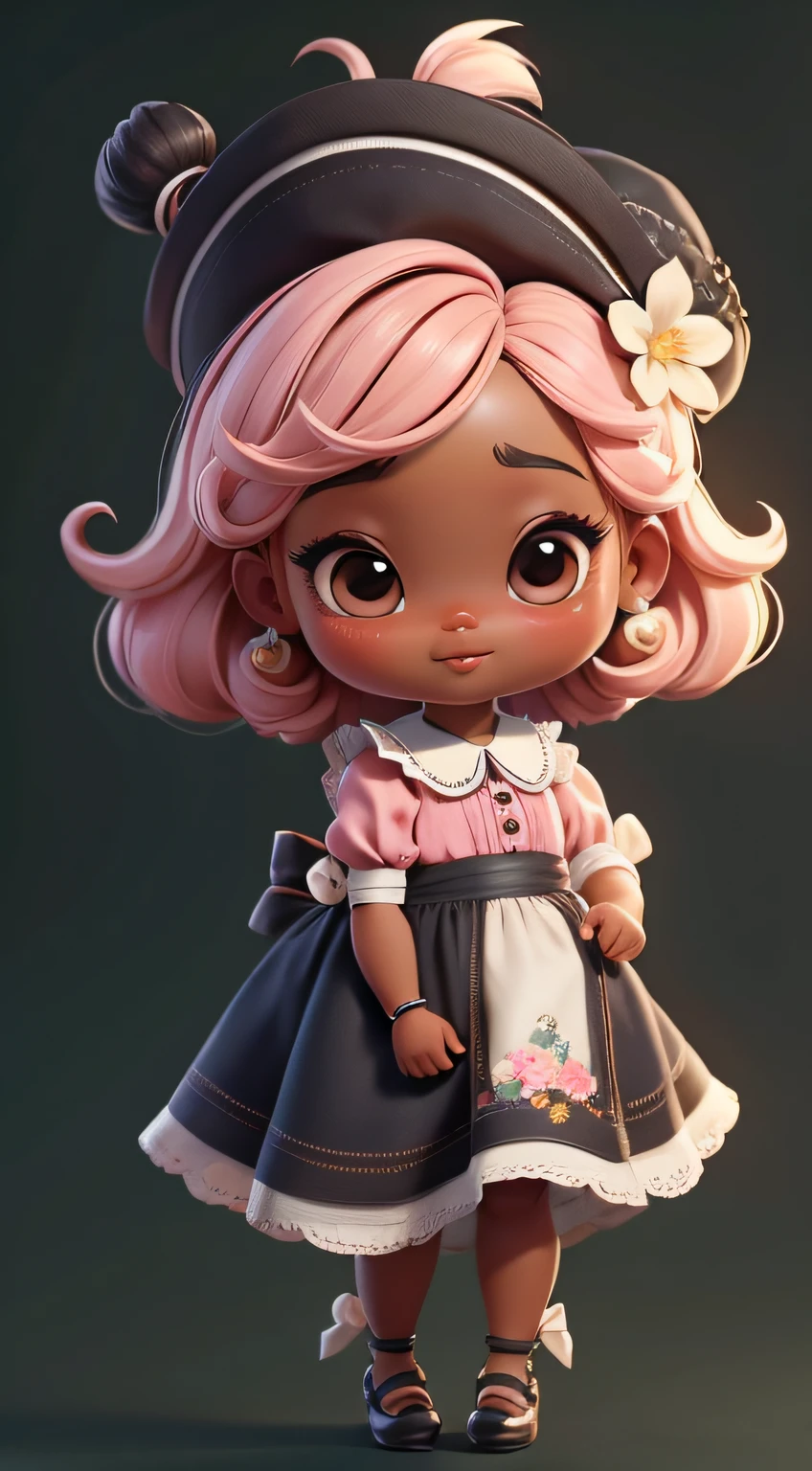 Create a series of cute black dolls style chibi afro skin baby style with a cute peasant theme, each with lots of detail and in an 8K resolution. All dolls should follow the same solid background pattern and be complete in the image, mostrando o (corpo inteiro, incluindo as pernas: 1.5)
Boneca Camponesa: Chame-a de Mia. Ela deve ter cabelos ondulados. Seus olhos devem ser grandes e curiosos, with long eyelashes and slightly pinkish cheeks. Mia should be dressed in a delicate dress and a polka-dot blouse and a delicate and beautiful hat. Ela deve segurar flores. Add details like pockets and ruffles to the apron to make it even more charming, sapato bonito
Certifique-se de adicionar sombras, texturas e detalhes nos cabelos, roupas, Beautiful and flowery utensils, to make them even more adorable and charming.