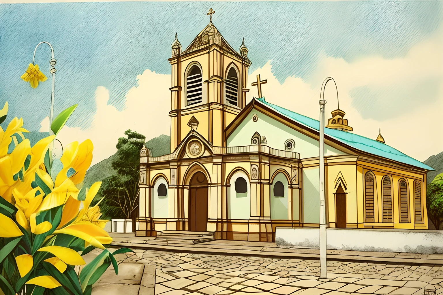 There's a yellow building with a window in front, igreja, muito ornamentado, cidade de Boa Vista Roraima no Brazil, catedral da igreja, altamente ornamentado, imaculadamente detalhado, Neo - Arquitetura Andina, Arquitetura neo-andina, monastery, santo, catedral, religión, vivid and detailed, desenho animado