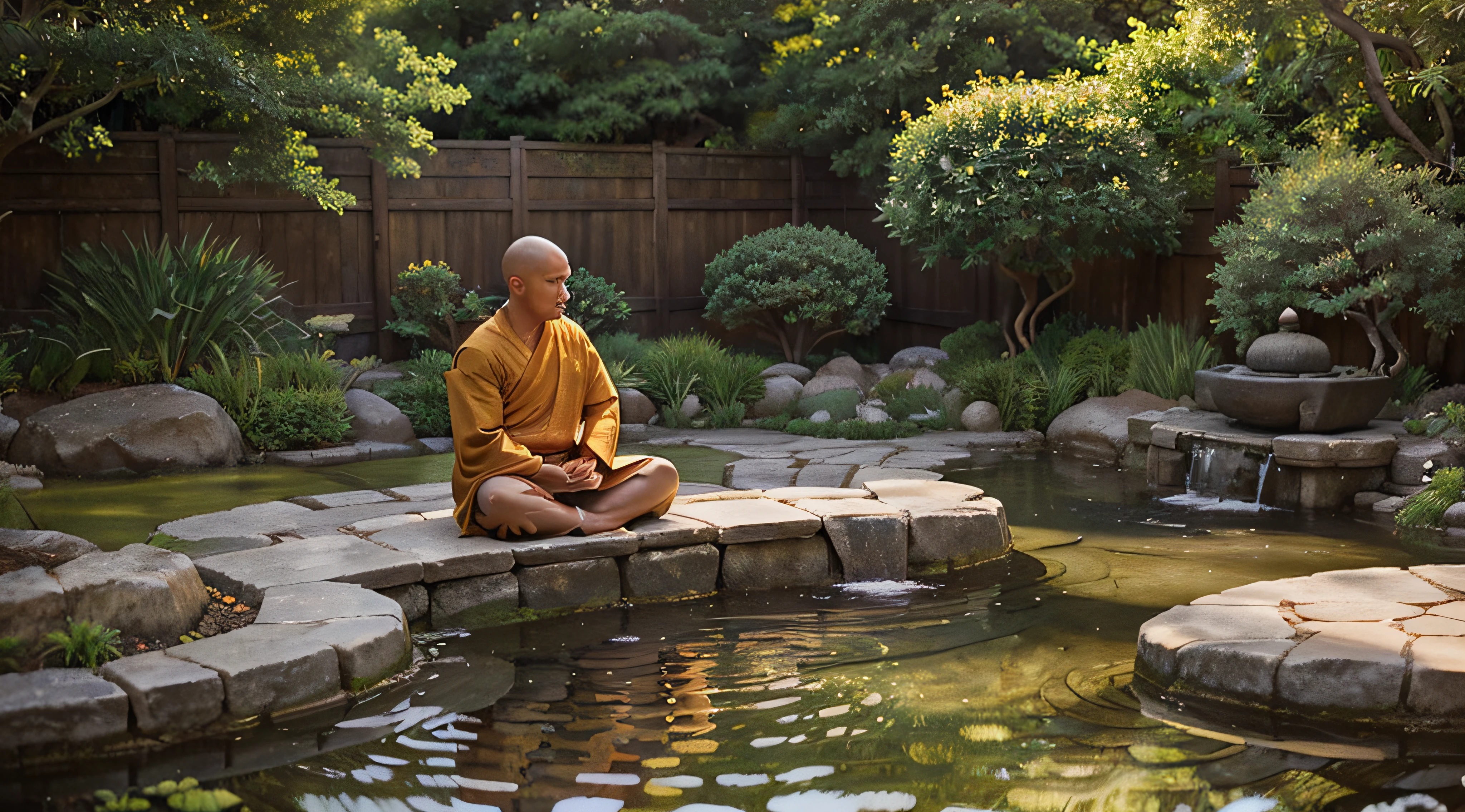 A wise Buddhist monk sits in deep meditation, surrounded by the tranquil beauty of a Zen garden. The monk's eyes are closed, and the garden is bathed in soft golden light, highlighting the harmony of the scene. The ripples on the water's surface add a sense of serenity. Illustration, watercolor painting on textured paper, --ar 16:9 --v 5