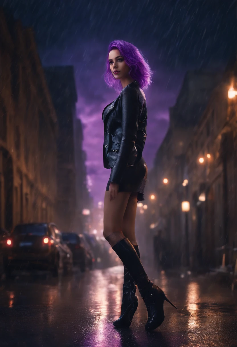 (1girl in), masutepiece, Photorealistic, 8K, (Realistic: 1.2), Full body, Looking at Viewer, pantyhose, Purple hair, (kafka: 1.2), Walking, Beauty, (medium breasts: 1.2) Night, nigh sky, city, Cityscape, Rain, (Dramatic: 1.2)