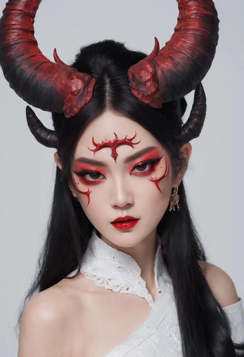 Demon asian woman with horns, black make-up, perfect body, sensual pose, ultra detailed, masterpiece, long black hair, red eye, white background