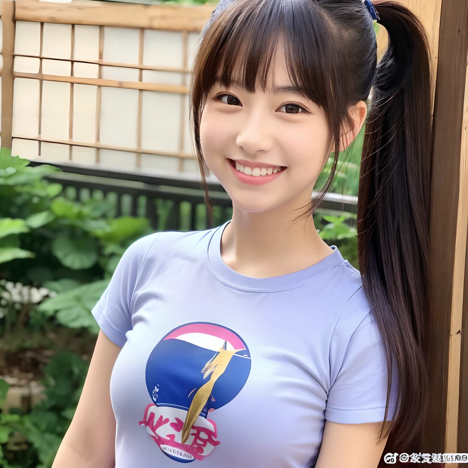poneyTail,japanes,1girl in,Chest emphasis,front facing,is standing,a smile,T-shirt