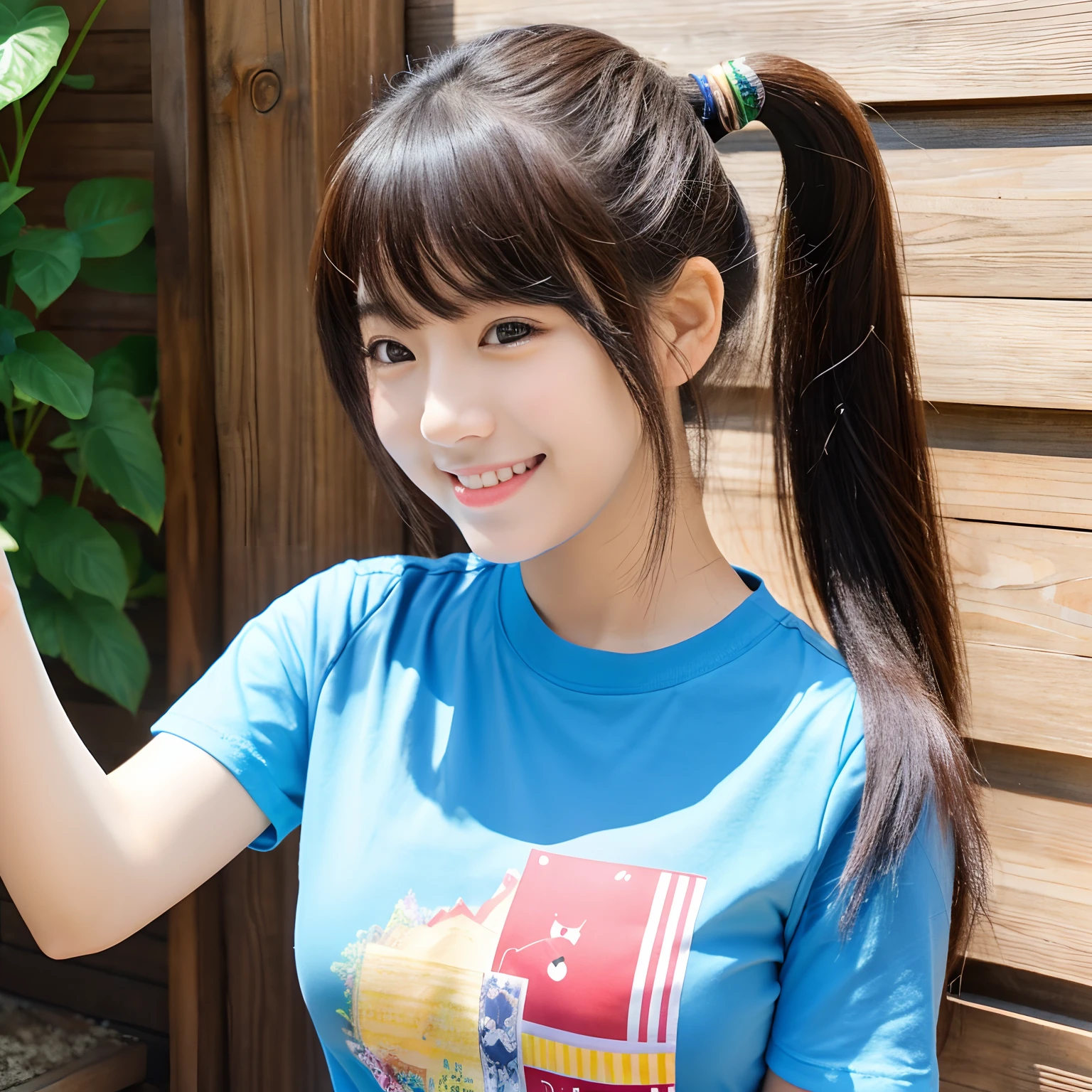 poneyTail，japanes，1girl in，Chest emphasis，front facing，is standing，a smile，T-shirt