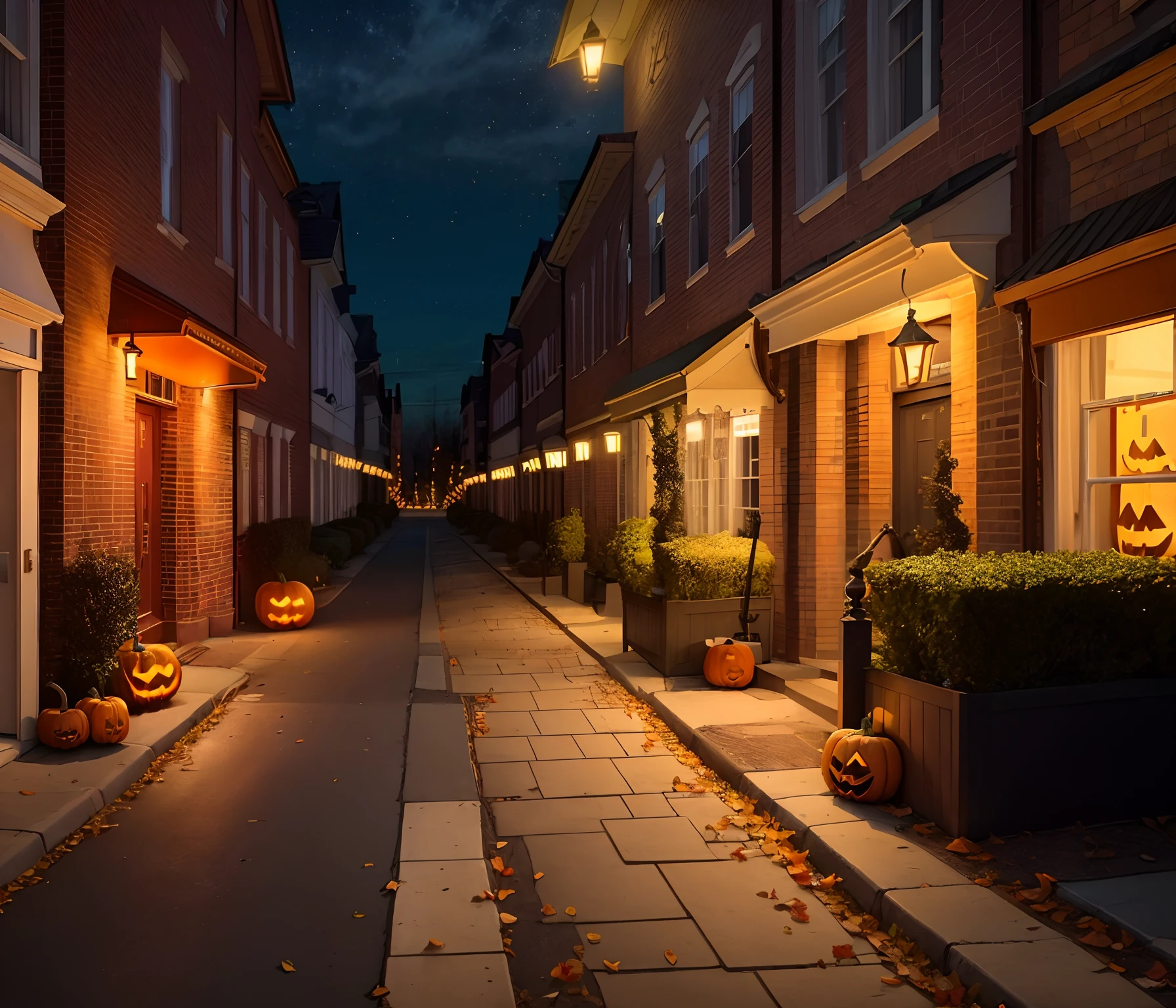 Empty Suburban Area At night with Halloween decorations