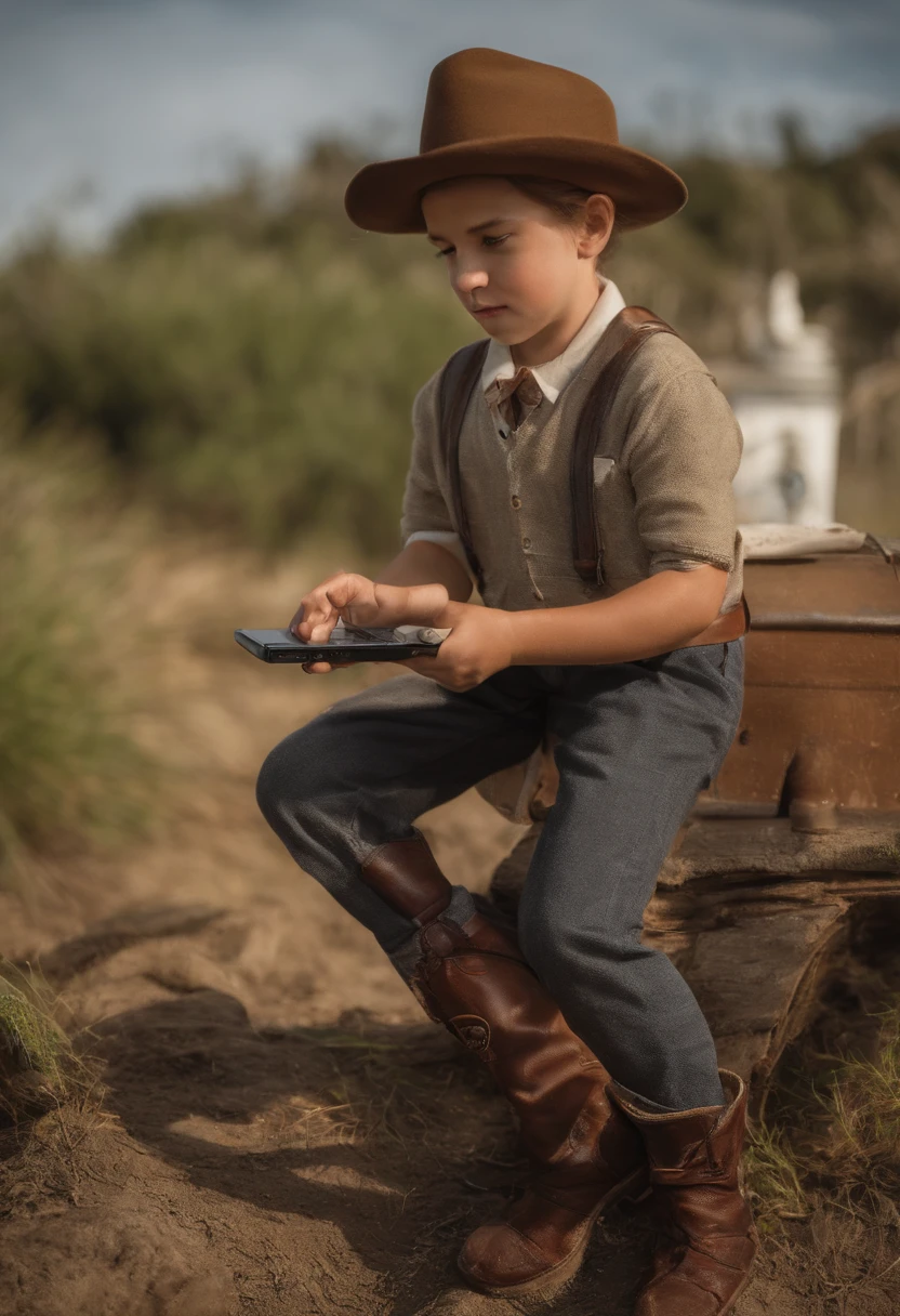 Make Woody at the age of 12 years, corpo inteiro, with a cell phone in his left hand and impressed by what he is seeing on the cell phone, estilo pixar e realista.