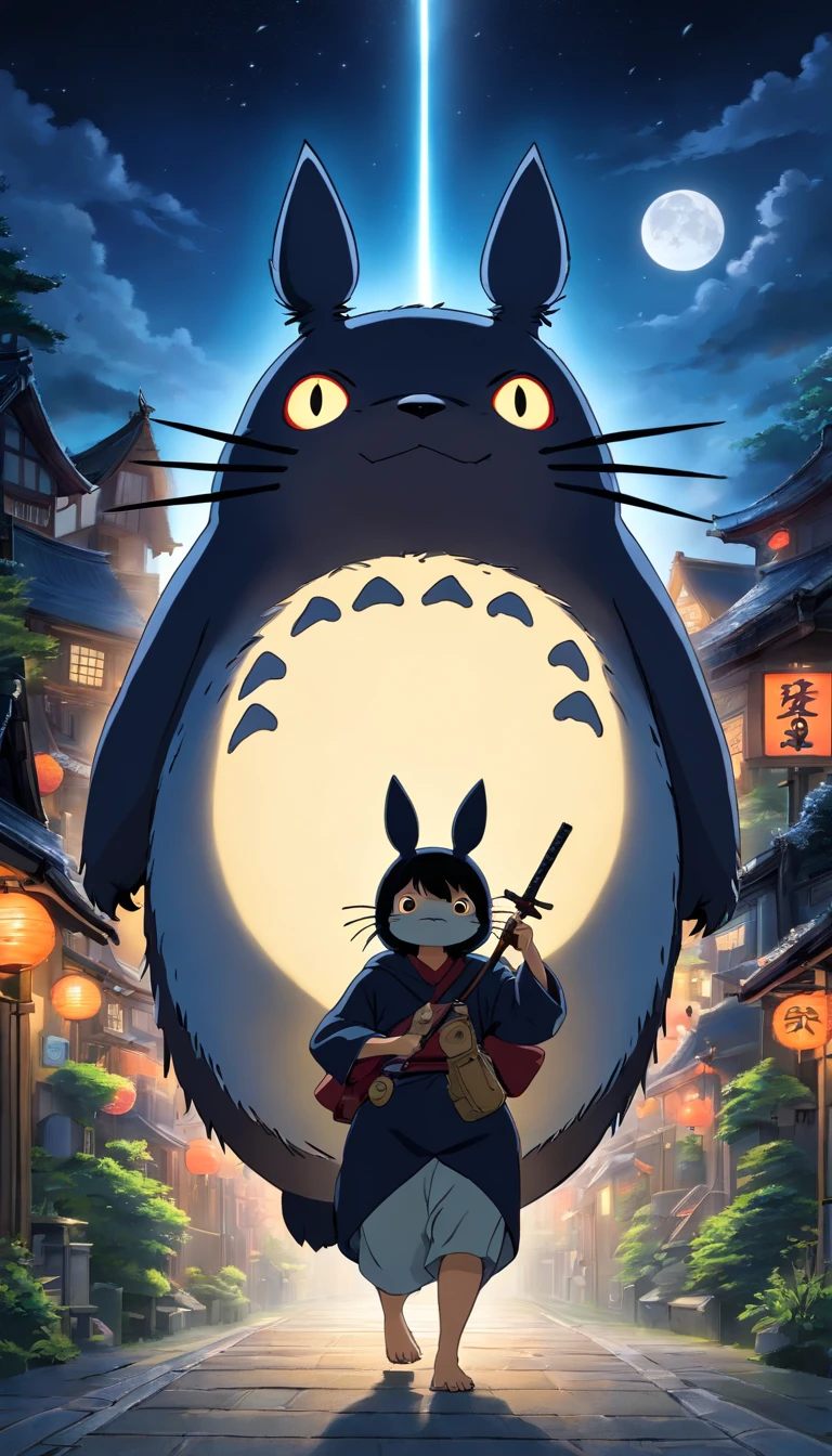 Totoro, Japan Ninja，Black gear , Holding an oversized shuriken in his hand，masked，In town，nigth，themoon，No Man