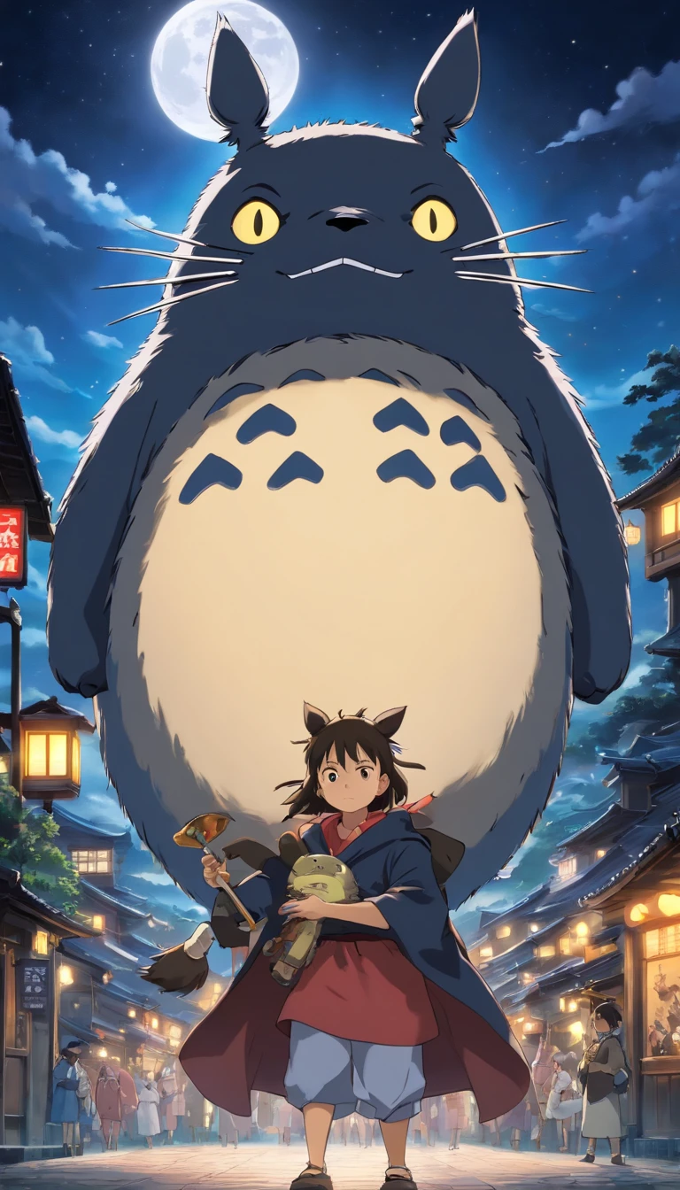Totoro, Japan Ninja,Black gear , Holding an oversized shuriken in his hand,masked,In town,nigth,themoon,No Man
