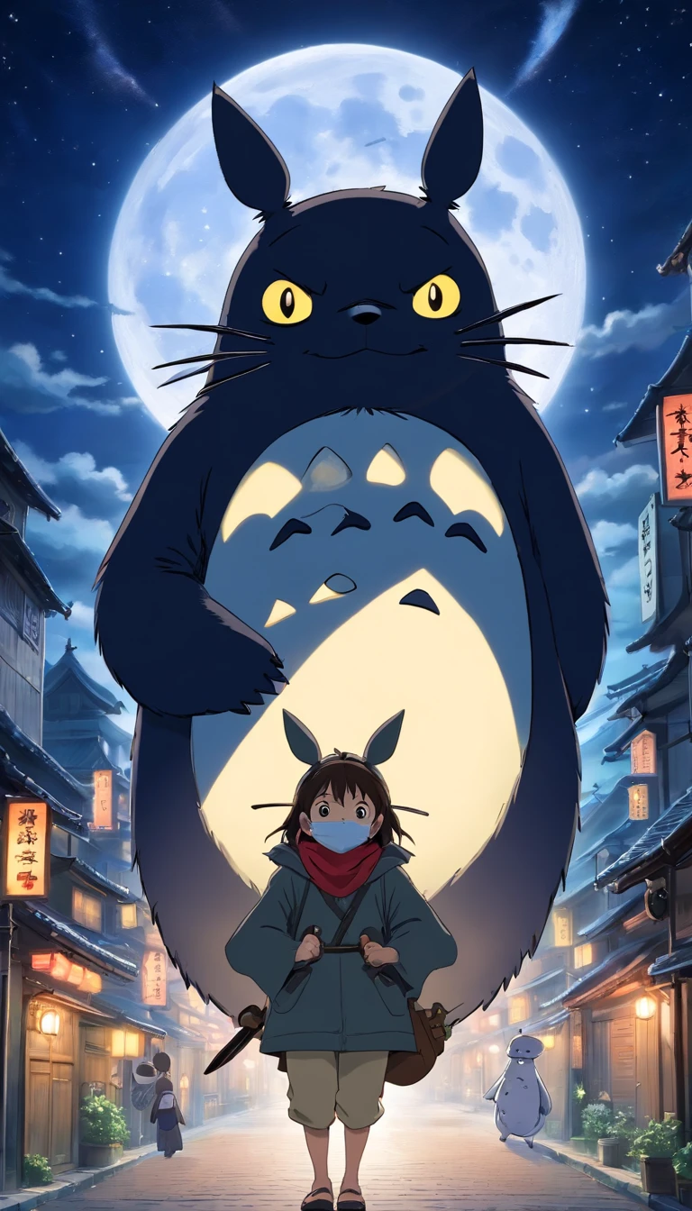 Totoro, Japan Ninja,Black gear , Holding an oversized shuriken in his hand,masked,In town,nigth,themoon,No Man