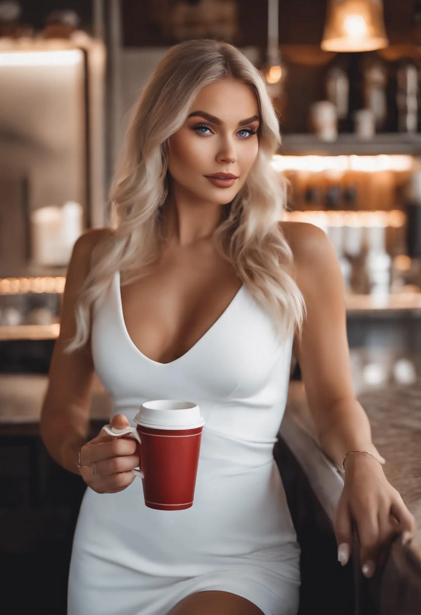 realistic pure white female instagram influencer, best quality, blonde, 1 girl, blue eyes, in white tight short dress, holding a coffee cup