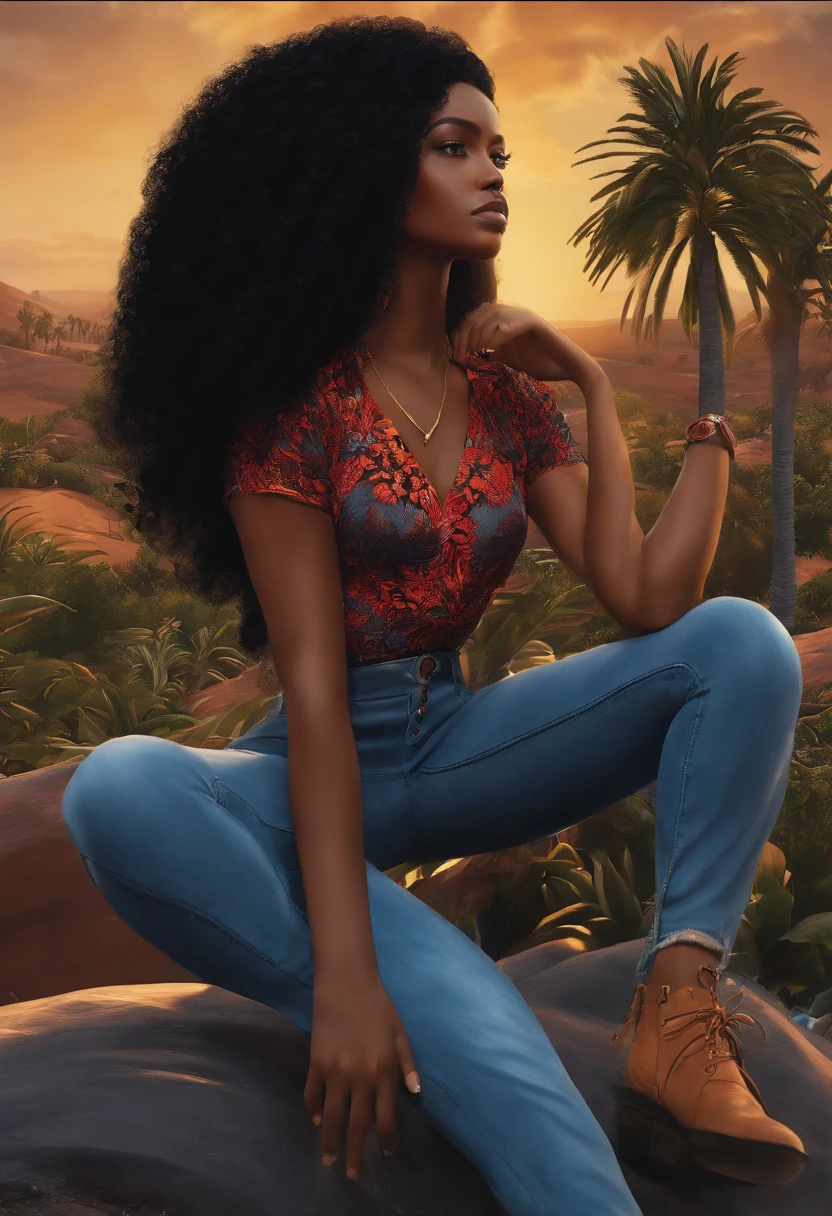 mulher negra, 165 centimeters, 20 anos, CABELOS LONGOS PRETOS, Black rock t-shirt and jeans, Power Style Animation