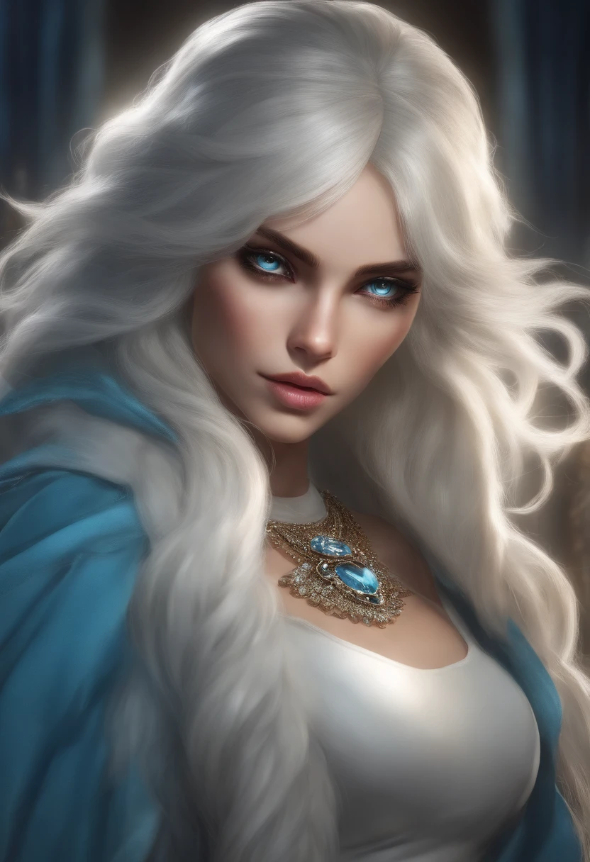 A woman with long white hair and blue eyes wearing a blue cape - SeaArt AI