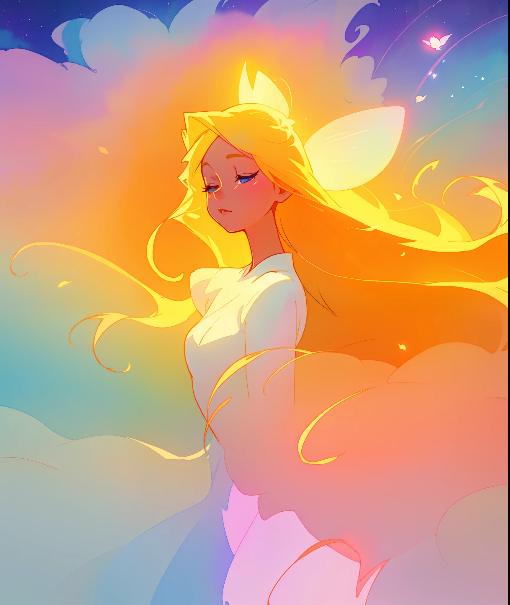 beautiful girl in white dress, fairy dress, long golden hair, watercolor illustration, inspired by Glen Keane, inspired by Lois van Baarle, disney art style, by Lois van Baarle, glowing aura around her, by Glen Keane, jen bartel, glowing lights! digital painting, flowing glowing hair, glowing flowing hair, beautiful digital illustration, fantasia otherworldly landscape plants flowers, beautiful, masterpiece, best quality, anime disney style