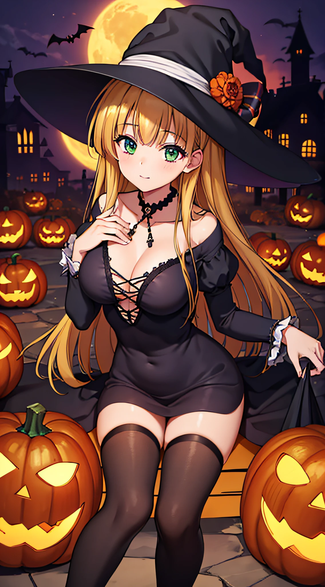 masterpiece, best quality, 1 girl, solo, Asia as witch, halloween background, witch,bats, evil pumpkins