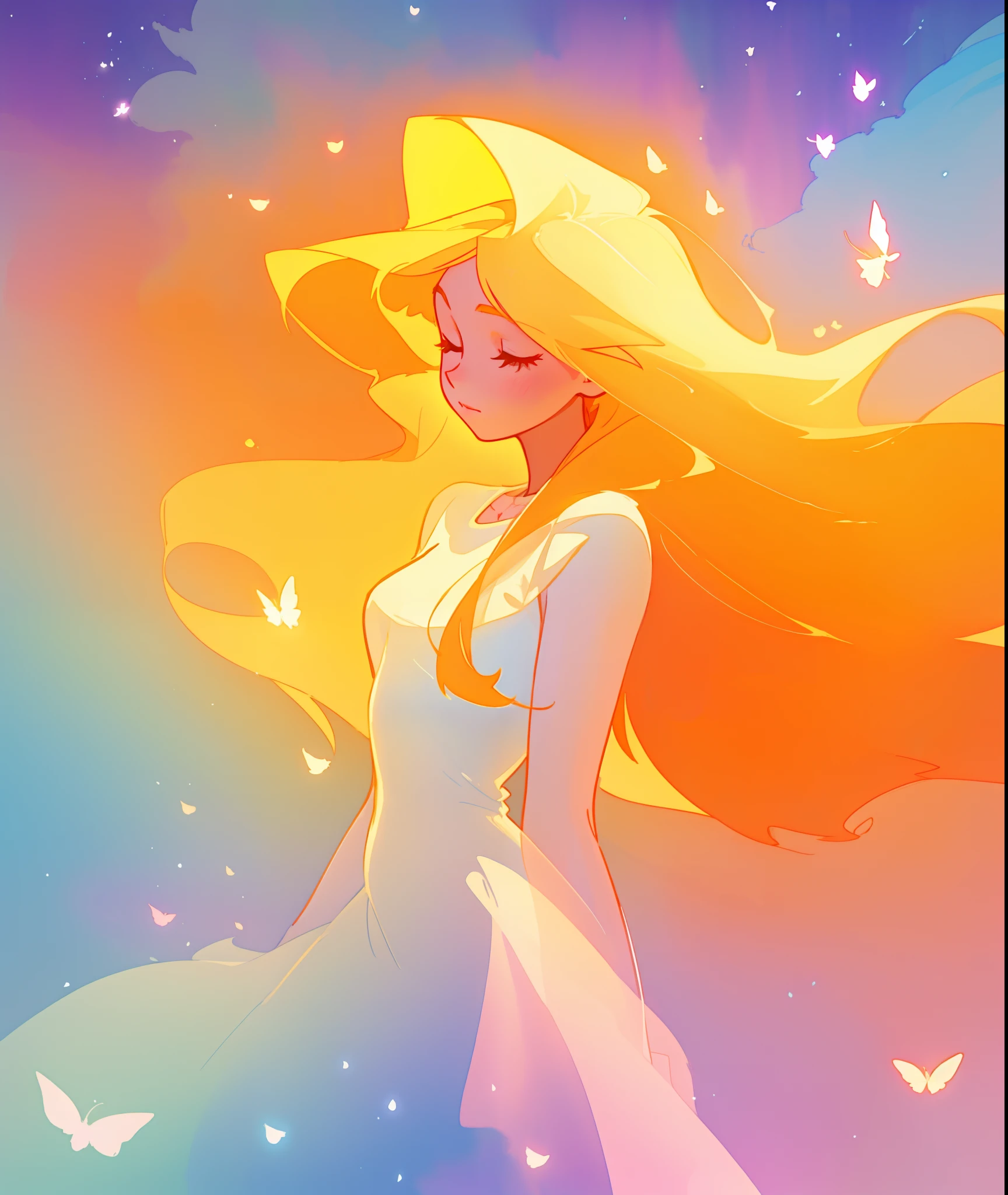 beautiful girl in white dress, fairy dress, long golden hair, watercolor illustration, inspired by Glen Keane, inspired by Lois van Baarle, disney art style, by Lois van Baarle, glowing aura around her, by Glen Keane, jen bartel, glowing lights! digital painting, flowing glowing hair, glowing flowing hair, beautiful digital illustration, fantasia otherworldly landscape plants flowers, beautiful, masterpiece, best quality, anime disney style