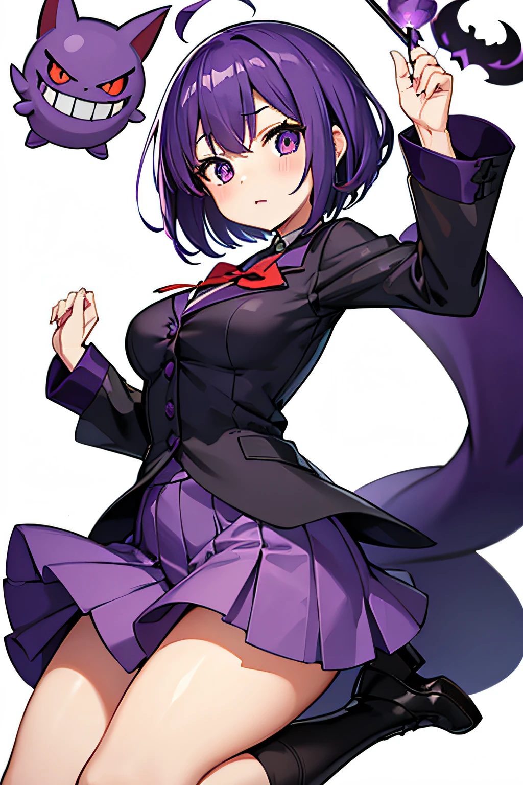 masutepiece、hightquality、high-level image quality、8K、Gengar Cosplay、personification、girl with、elementary student、Purple clothes、Purple hair、Shorthair、The Darkness、large full breasts、White background、Chibi Chara、Write the whole body