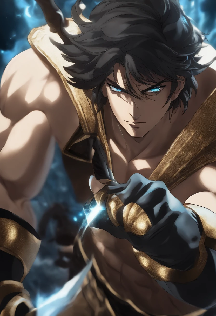 Personagem de anime masculino, com cabelo preto e uma cicatriz masculina de cristal de gelo no olho esquerdo. He is a strong and determined warrior leader, And ain't afraid to fight.