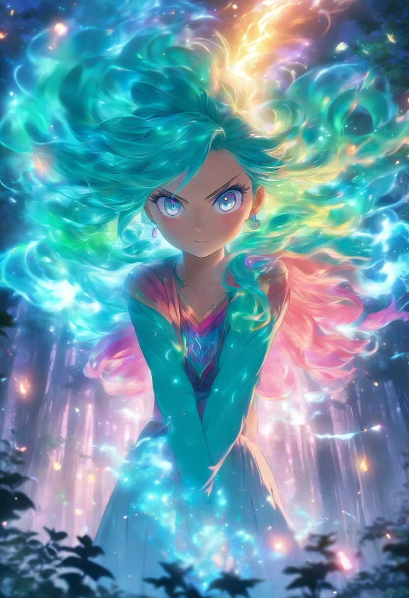 (best quality,4k,8k,highres,masterpiece:1.2),ultra-detailed,(realistic,photorealistic,photo-realistic:1.37),female with glowing teal eyes,rainbow colored hair,casting glowing spells,mystical forest,illustration,enchanted atmosphere,vibrant colors,soft lighting