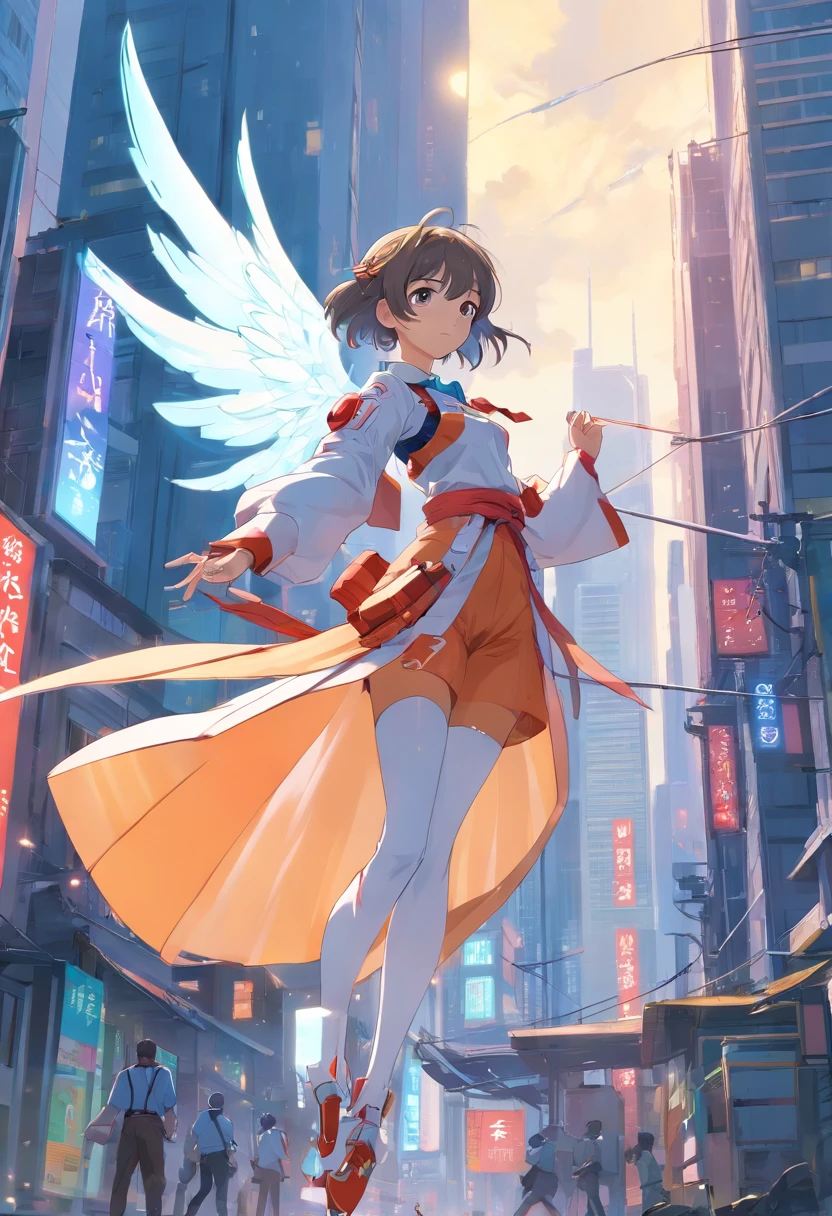 From Side、top-quality、ighly detailed、masterpiece、ultra-detailliert、illustratio、((1girl in))、silber hair、length hair、Floating hair、Exoskeleton tights、mechs、Cyber City、Neon building、(The upper part of the body:1.05)、extremely_Detailed_Eyes_And_Face,cybernetic wings、mechanical wing、Fighting stance、Skyscraper、、mecha musume、shrine maiden