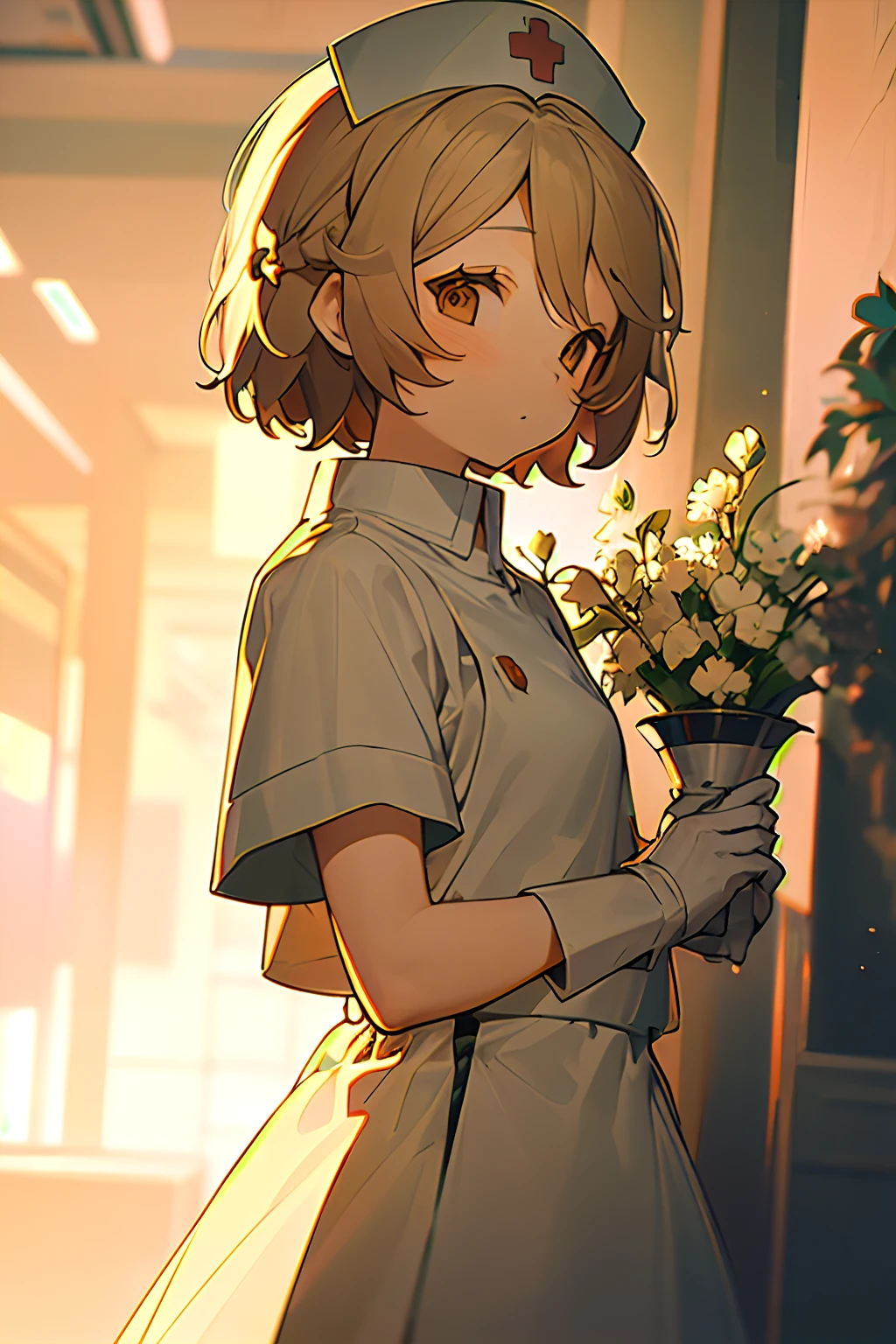 (TT),beautiful detailed eyes,flowing flowers,flowing hair,shining,exquisite lighting,perfect shadows,(Beautiful detailed girl,Short hair),illustration,Soft lighting,solo,anime,girl,****,nurse