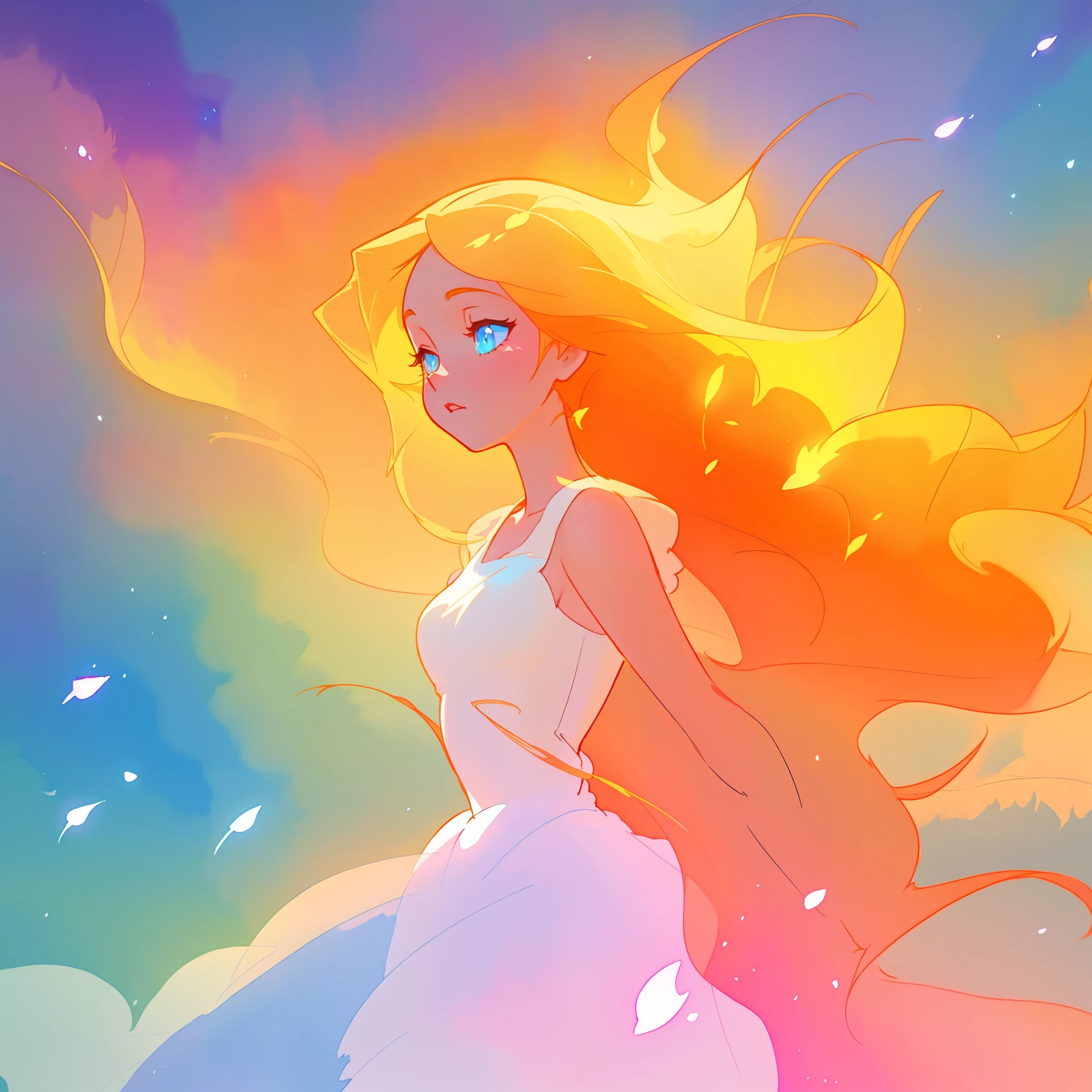 beautiful girl in white dress, fairy dress, long golden colorful hair, watercolor illustration, inspired by Glen Keane, inspired by Lois van Baarle, disney art style, by Lois van Baarle, glowing aura around her, by Glen Keane, jen bartel, glowing lights! digital painting, flowing glowing hair, glowing flowing hair, beautiful digital illustration, fantasia otherworldly landscape plants flowers, beautiful, masterpiece, best quality, anime disney style