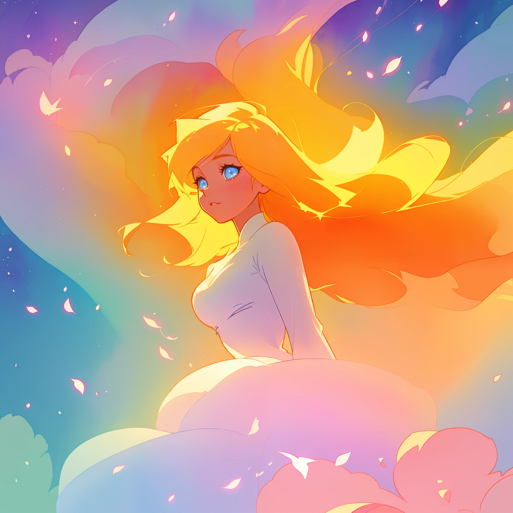 beautiful girl in white dress, fairy dress, long golden colorful hair, watercolor illustration, inspired by Glen Keane, inspired by Lois van Baarle, disney art style, by Lois van Baarle, glowing aura around her, by Glen Keane, jen bartel, glowing lights! digital painting, flowing glowing hair, glowing flowing hair, beautiful digital illustration, fantasia otherworldly landscape plants flowers, beautiful, masterpiece, best quality, anime disney style