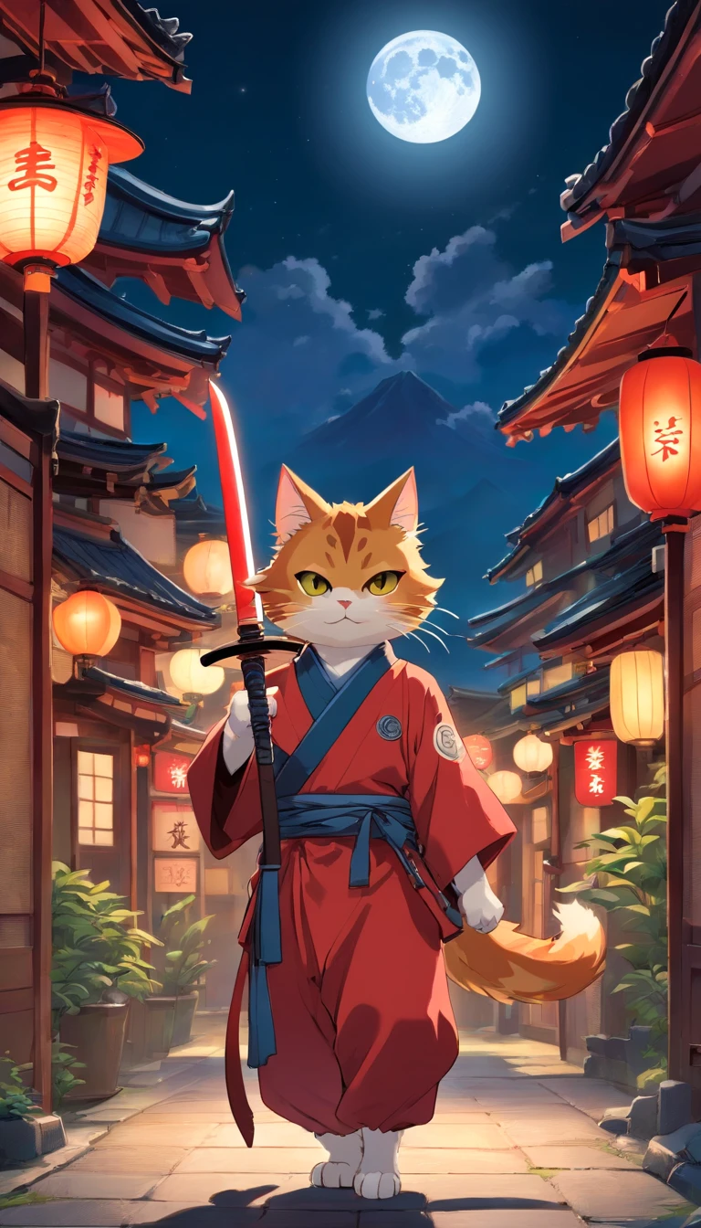 The dragon cat is dressed in Japanese ninja gear , Holding an oversized sword,masked,In town,nigth,themoon,No Man,No one appears