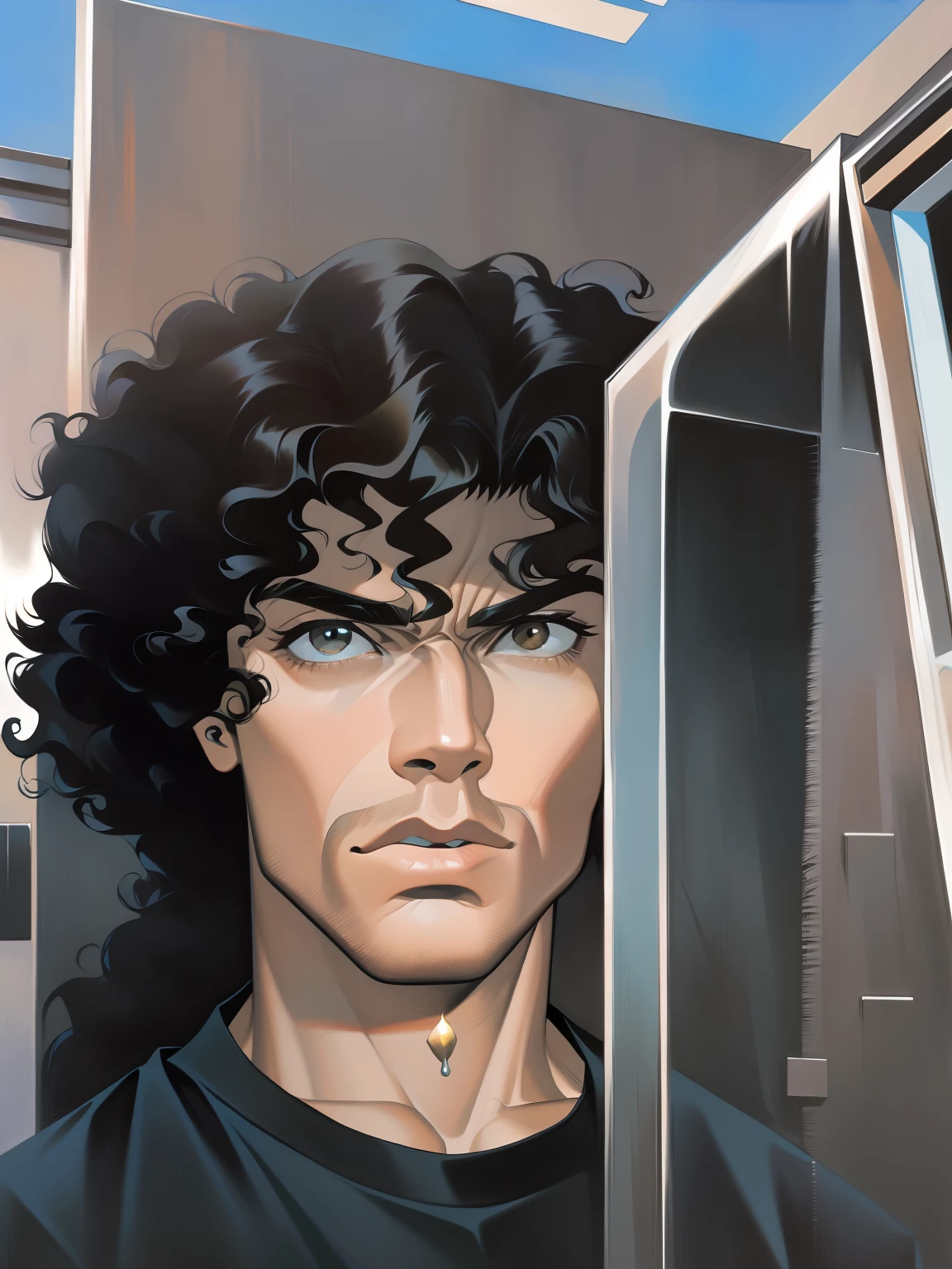 handsome man with a black shirt holding a large knife, a black man with long curly hair, curly middle part haircut, around 19 years old, with afro, curly afro, curls on top of his head, with haunted eyes and curly hair, (dark shorter curly hair), curly haired, with no beard, with long curly hair, messy curly hair, handsome, perfect face, strong jawline, intimidating, chiseled features