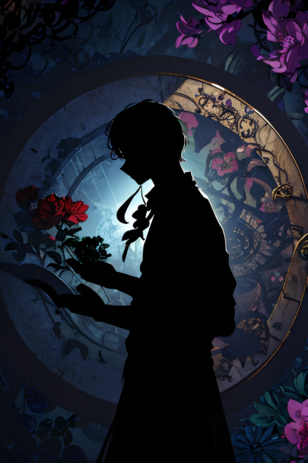 (best quality, high resolution, ultra-detailed, realistic: 1.37), silhouette of a man holding a striking pocket watch, surrounded by flowers, snakes and darkness, illustrative rendering, intricate details, mysterious atmosphere, vibrant colors, dynamic lighting , Gothic style