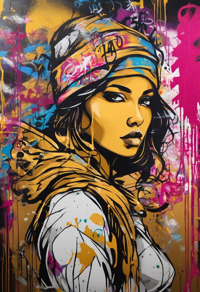 Make a girl graffiti a wall with a gold spray