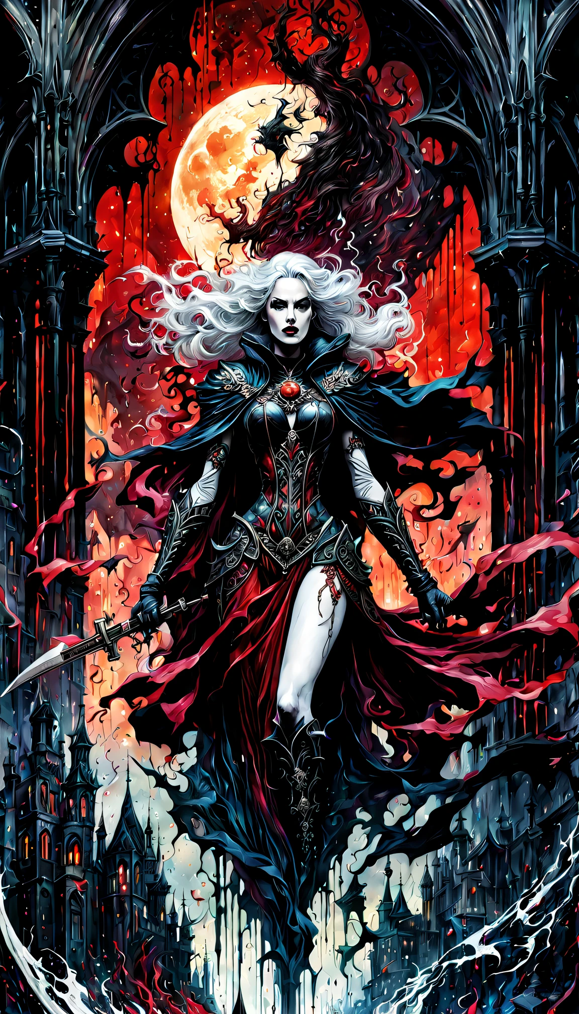 Ultra-wide-angle, photorealistic medieval gothic shot of an exciting fusion between Spawn and lady death resulting in a new character that embodies elements of both, people, see. Black Ink Flow - 8k Resolution Photorealistic Masterpiece - by Aaron Horkey and Jeremy Mann - Intricately Detailed. fluid gouache painting: by Jean Baptiste Mongue: calligraphy: acrylic: colorful watercolor, cinematic lighting, maximalist photoillustration: by marton bobzert: 8k resolution concept art, intricately detailed realism, complex, elegant, expansive, fantastical and psychedelic, dripping paint , in the chasm of the empire estate, night, blood moon, buildings, reflections