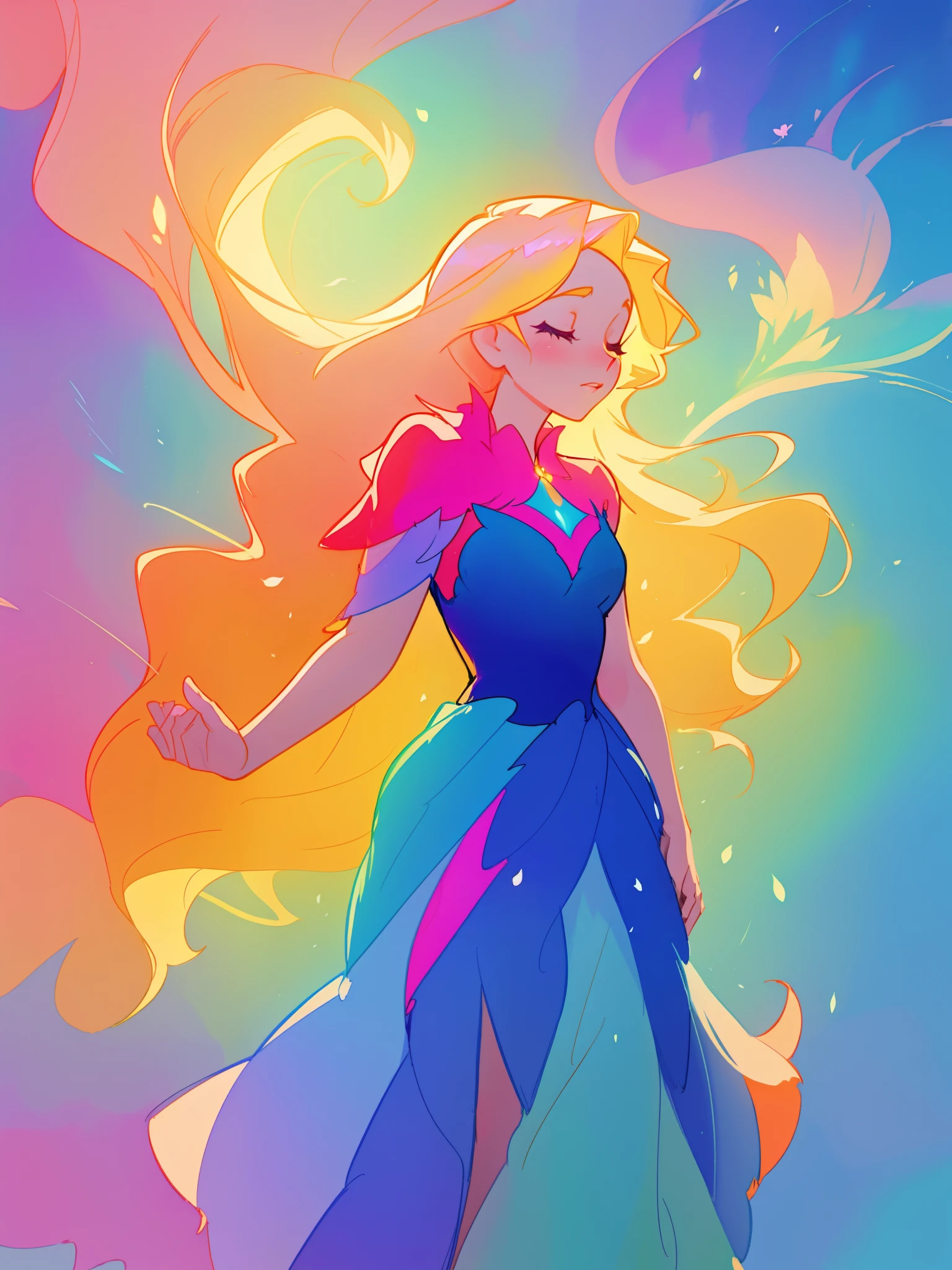 beautiful girl in flowing colorful ballgown, fairy dress, long golden hair, colorful watercolor background, inspired by Glen Keane, inspired by Lois van Baarle, disney art style, by Lois van Baarle, glowing aura around her, by Glen Keane, jen bartel, glowing lights! digital painting, flowing glowing hair, glowing flowing hair, beautiful digital illustration, fantasia otherworldly landscape plants flowers, beautiful, masterpiece, best quality, anime disney style
