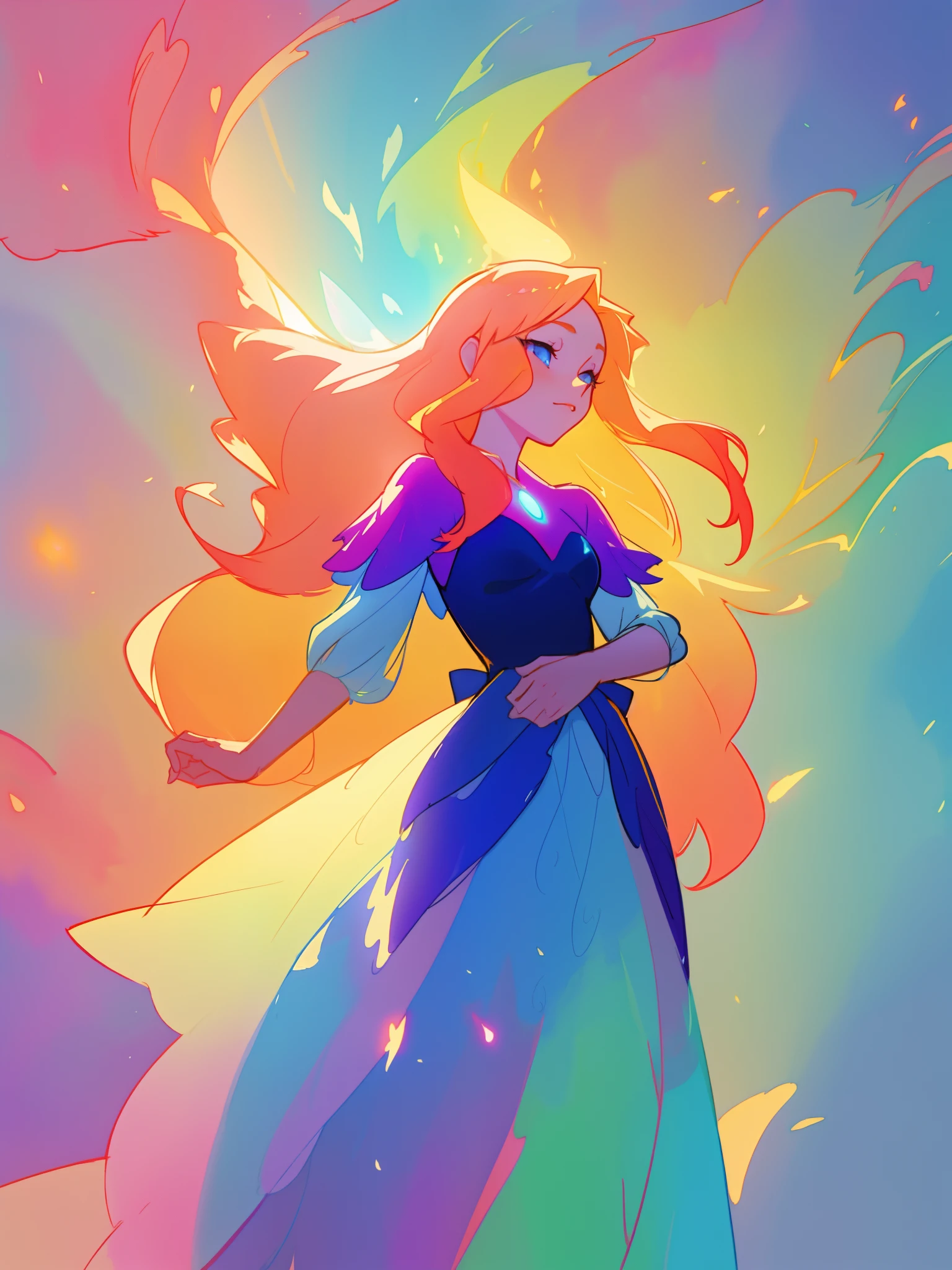 beautiful girl in flowing colorful ballgown, fairy dress, long golden hair, colorful watercolor background, inspired by Glen Keane, inspired by Lois van Baarle, disney art style, by Lois van Baarle, glowing aura around her, by Glen Keane, jen bartel, glowing lights! digital painting, flowing glowing hair, glowing flowing hair, beautiful digital illustration, fantasia otherworldly landscape plants flowers, beautiful, masterpiece, best quality, anime disney style