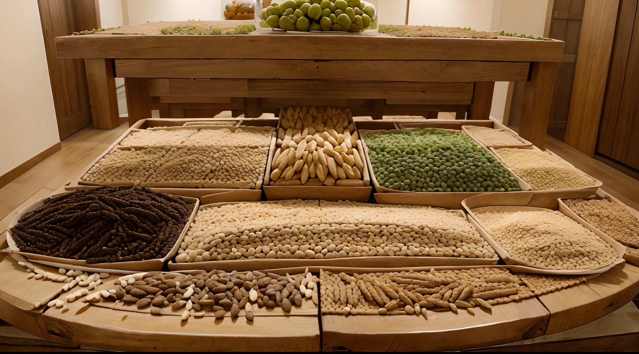 Mesa grande. Cheia. muitas Frutas. muitas Leguminosas. Lots of Whole Grains. muitas Verduras. muitos Peixes.