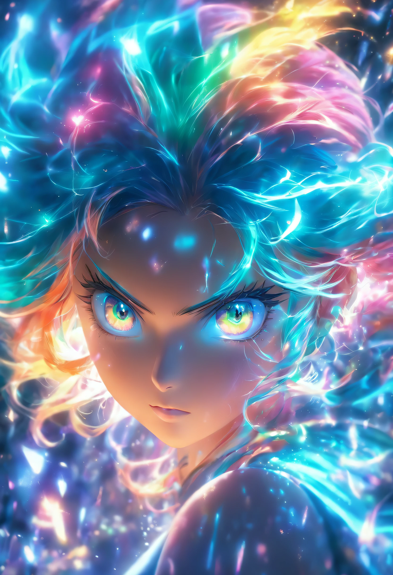 (best quality,4k,8k,highres,masterpiece:1.2),ultra-detailed,(realistic,photorealistic,photo-realistic:1.37),female with glowing teal eyes,rainbow colored hair,casting glowing spells,mystical forest,illustration,enchanted atmosphere,vibrant colors,soft lighting
