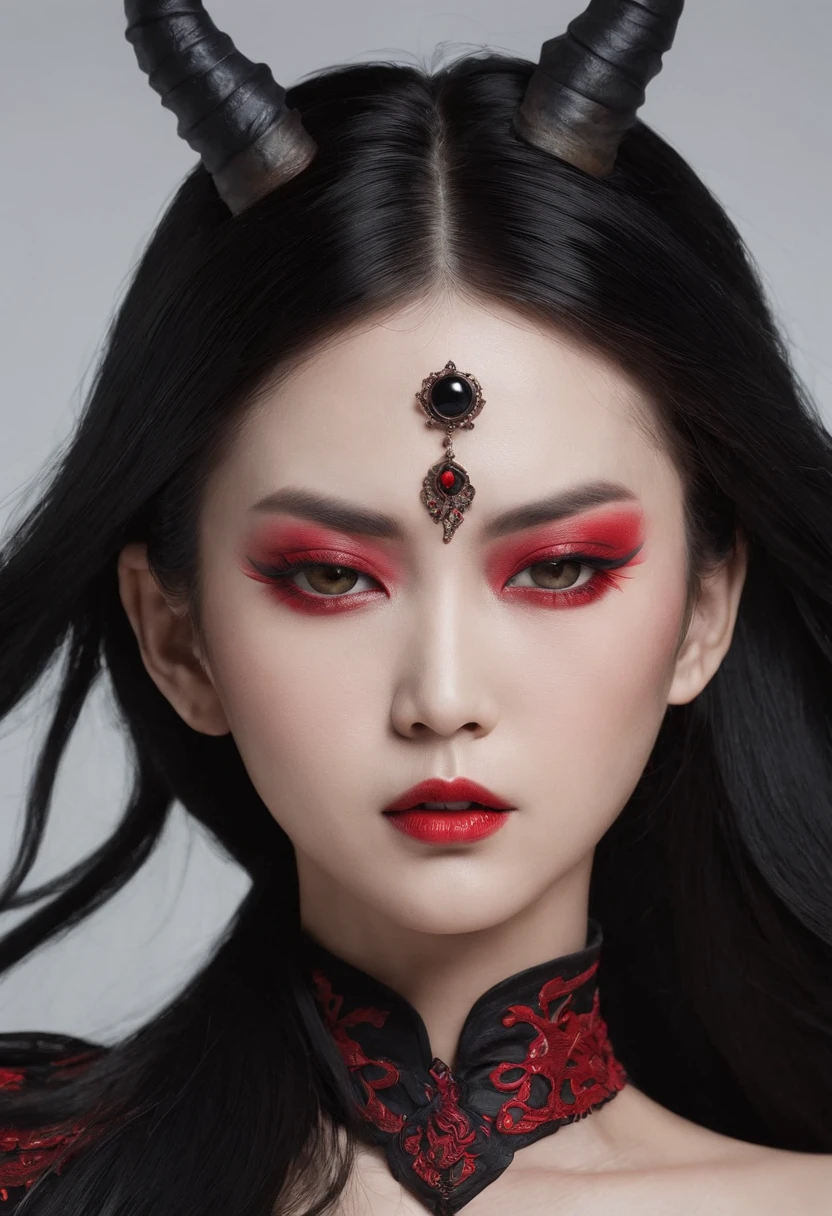 Demon asian woman, black make-up, perfect body, sensual pose, ultra detailed, masterpiece, long black hair, red eye, white background, black dress, half body