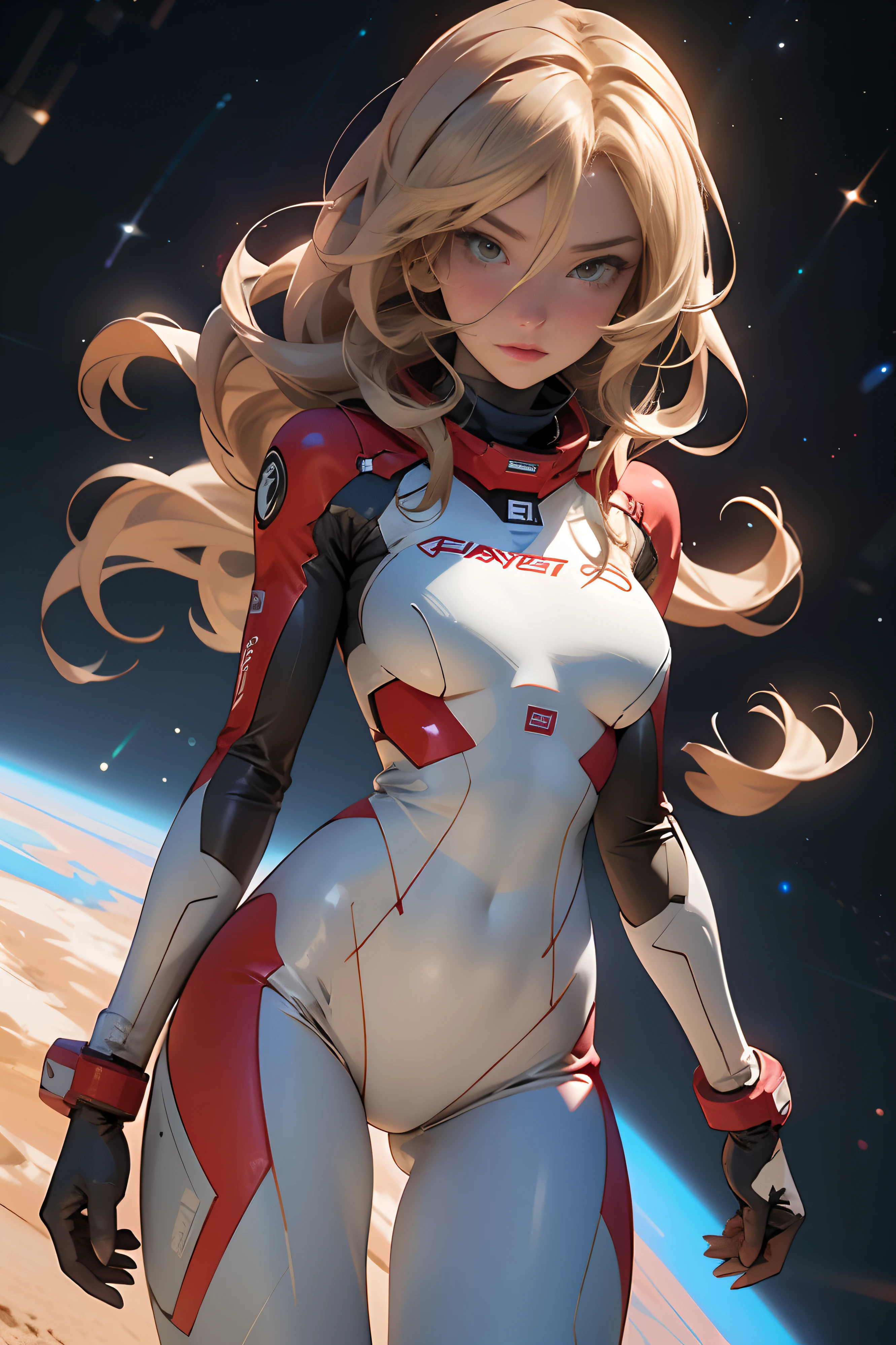 sandy hair fit body large breasts slender thighs slender waist pilot suit solo looking at viewer in space long hair blushing determination, 8k, extreme detail,