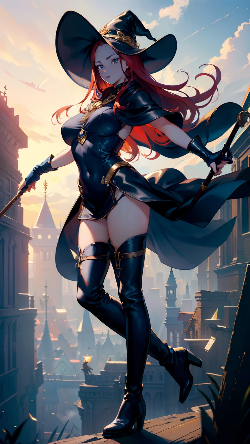 masterpiece, ultra detailed, 8k portrait, RAW photo, portrait photography, highly detailed face, beautiful and meticulous eyes, ((Fantasy)), Young beautiful, dynamic pose, (((Long Straight red hair))), ((witch)), White skin color, Luxury, Crystal necklace, (((navy blue silk long cloak))) fluttering in the wind, (((tunic with goldline))), (((cropped pants)), (((leather boots))), ((Flying on a magic broom)), Midday Sun, hyper realistic, Body model, Big breasts, Beautiful breasts, Long legs, in the sky, Ambient lighting, Shadow details , Camera focus on thigh, strong breeze, Light fog
