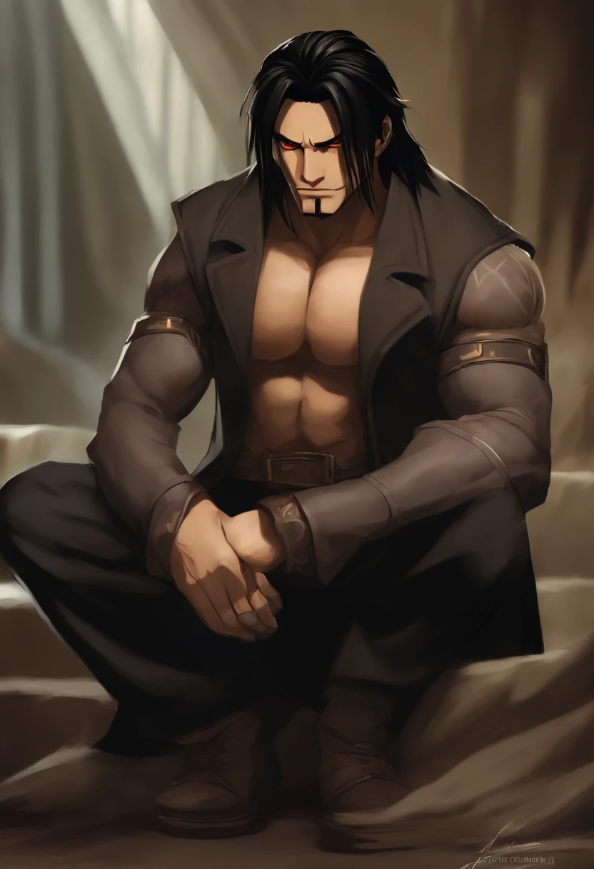Genere uma imagem de um personagem masculino chamado Scar, inspirado no Fullmetal Alchemist. Scar is a homunculus with black hair, brown eyes and a symbol-shaped scar that covers almost the entire face. He is gifted with the ability to manipulate metals with his mind and is a formidable opponent. He is ruthless and has a complex and interesting personality.