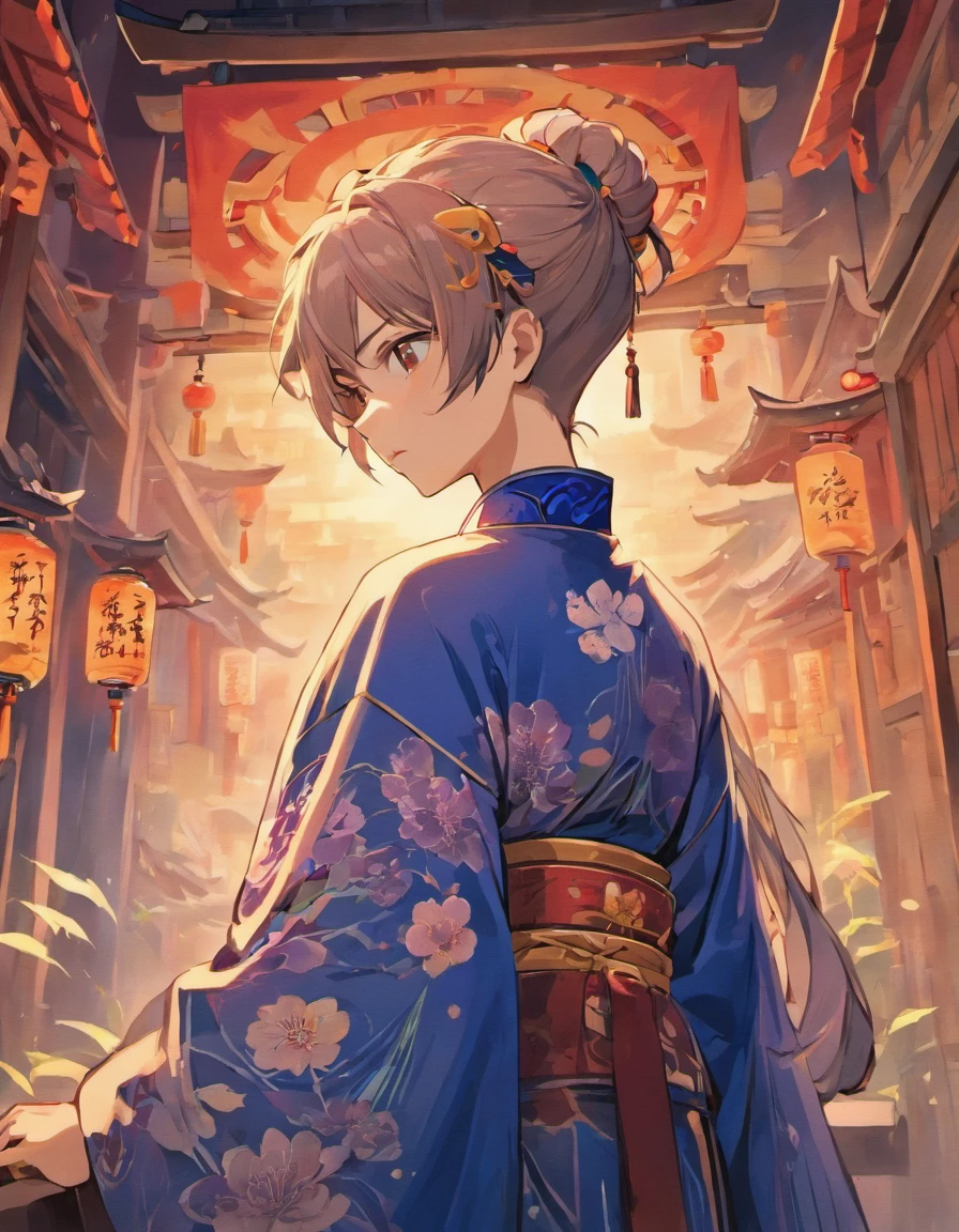 (a man's back in ancient China, back of the head, revealing the back and waist, the exposed back has a floral tattoo, purple and deep blue flowers, lying diagonally on a bed, artwork in a dark style) (best quality, ultra-detailed, realistic:1.37), traditional Chinese painting, intricate details, silk texture, subtle lighting, tranquil atmosphere, rich colors, misty background, vibrant brushstrokes, traditional Chinese motifs.