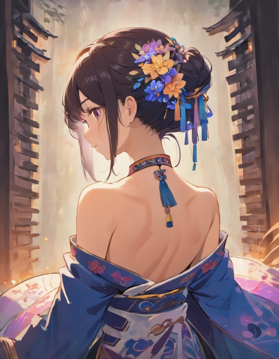 (a man's back in ancient China, back of the head, revealing the back and waist, the exposed back has a floral tattoo, purple and deep blue flowers, lying diagonally on a bed, artwork in a dark style) (best quality, ultra-detailed, realistic:1.37), traditional Chinese painting, intricate details, silk texture, subtle lighting, tranquil atmosphere, rich colors, misty background, vibrant brushstrokes, traditional Chinese motifs.